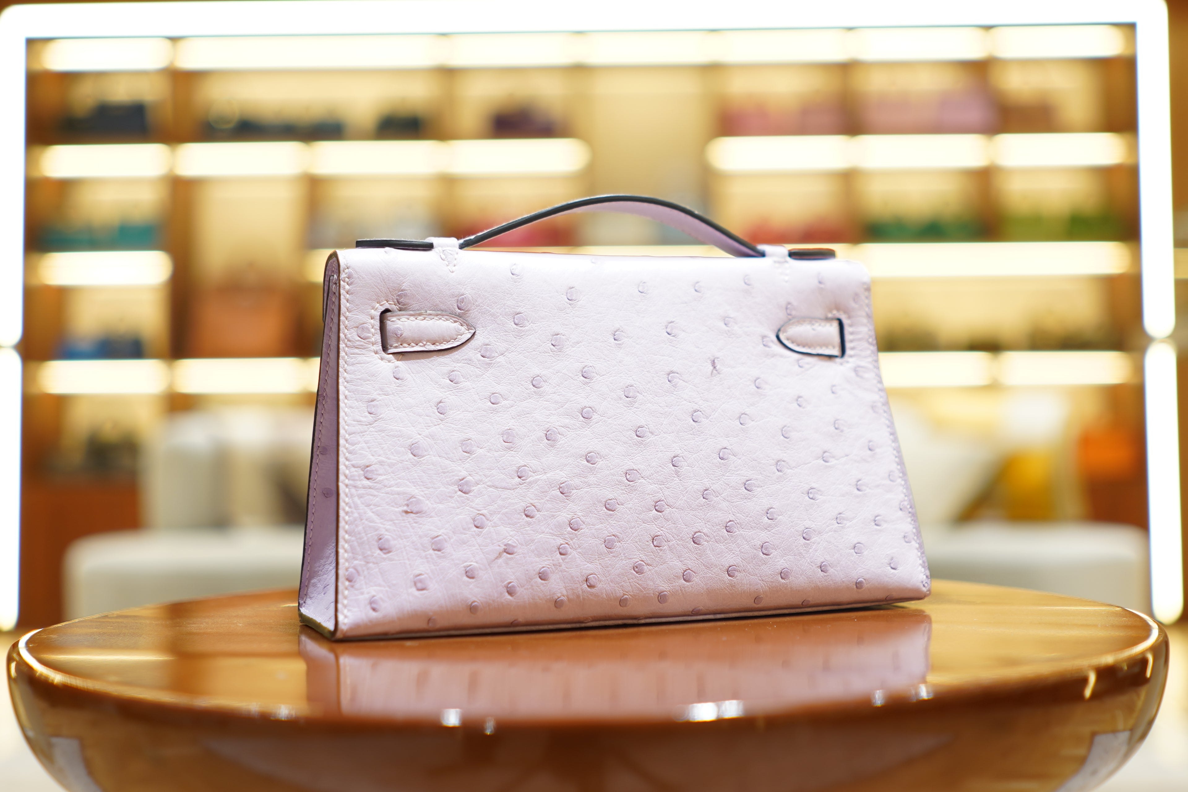 Hermes | Kelly Pochette – Ostrich Leather – Lavender – Gold Hardware