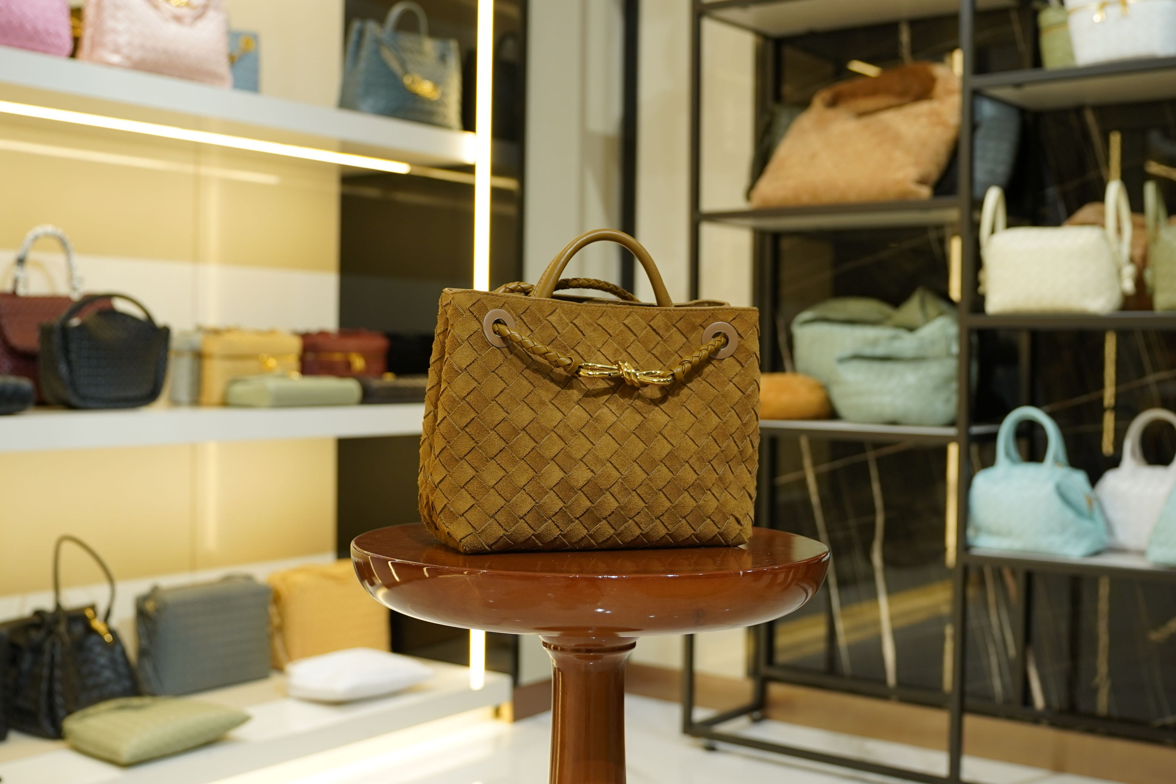 Bottega Veneta | Andiamo – Suede – Brown – Gold Hardware