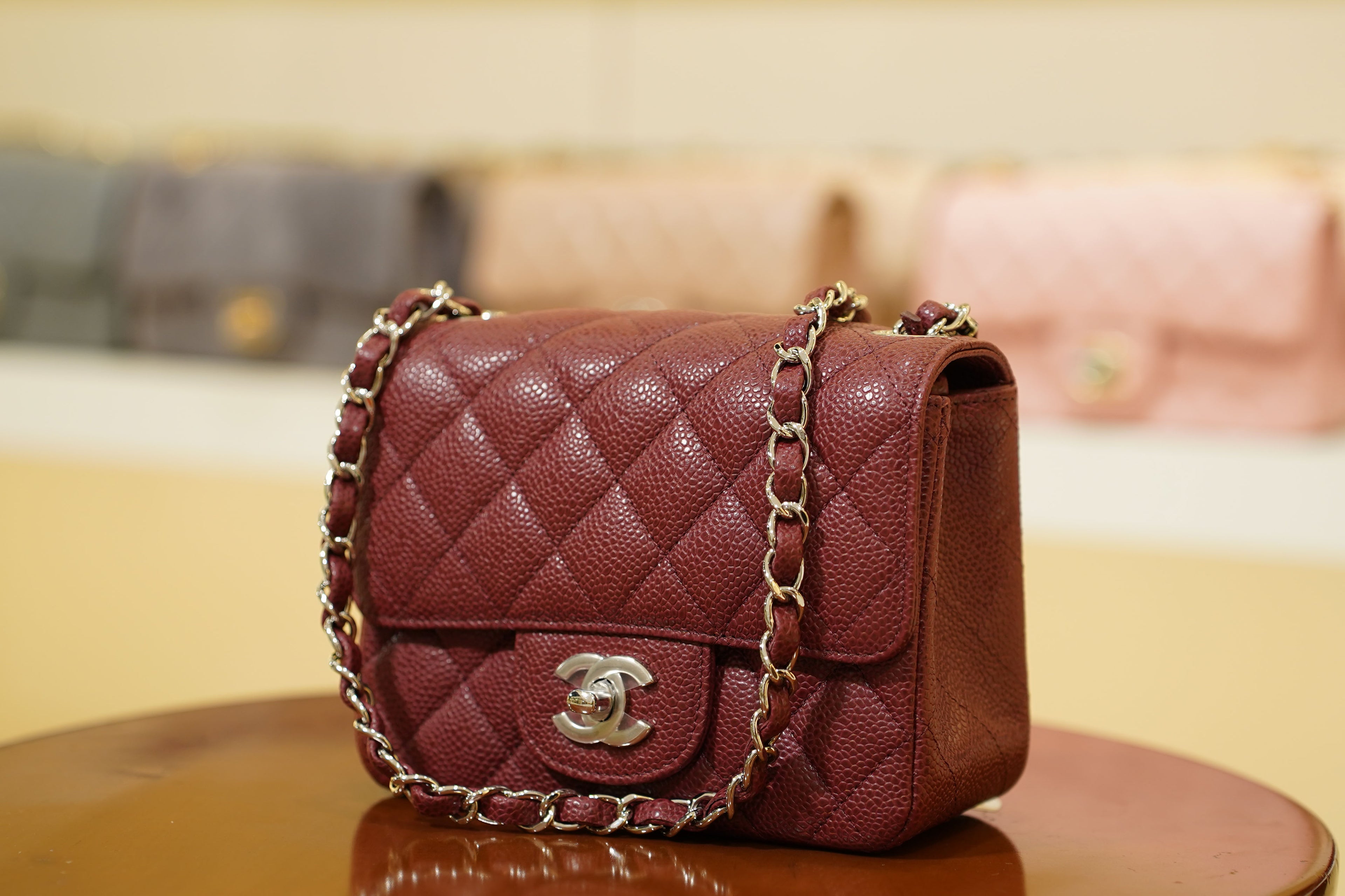 Chanel | Square Mini Flap Bag – Leather – Burgundy – Silver Hardware