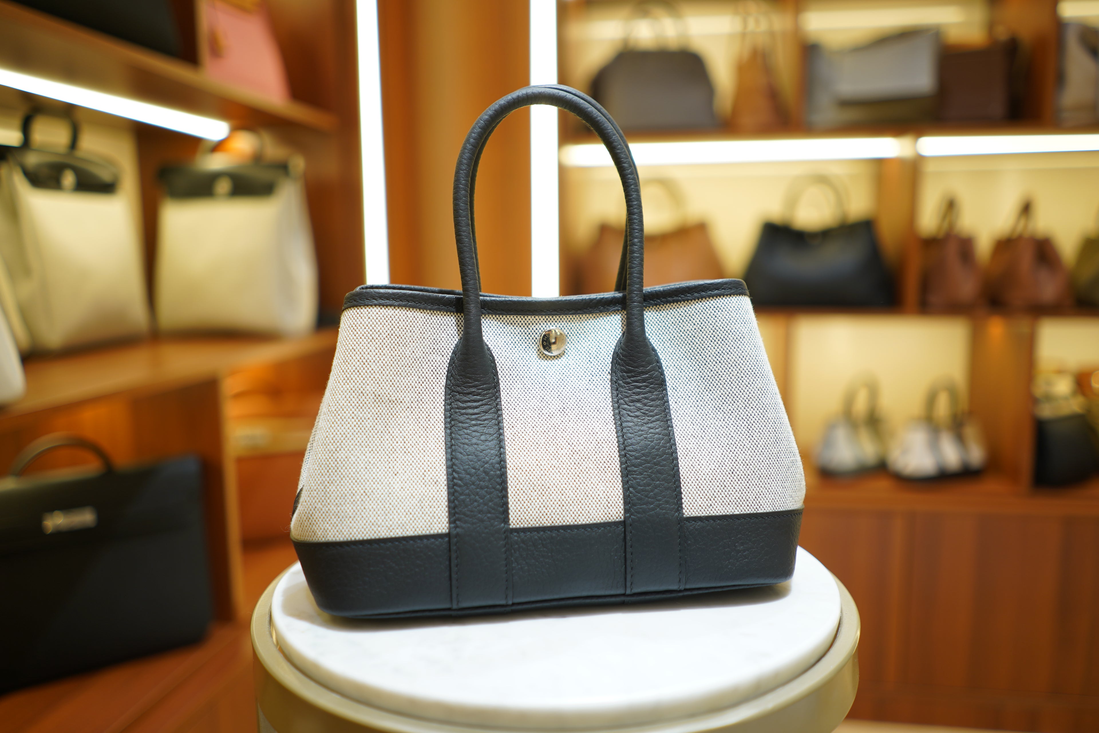 Hermes | Garden Party Mini – Canvas – Beige and Black – Gold Hardware