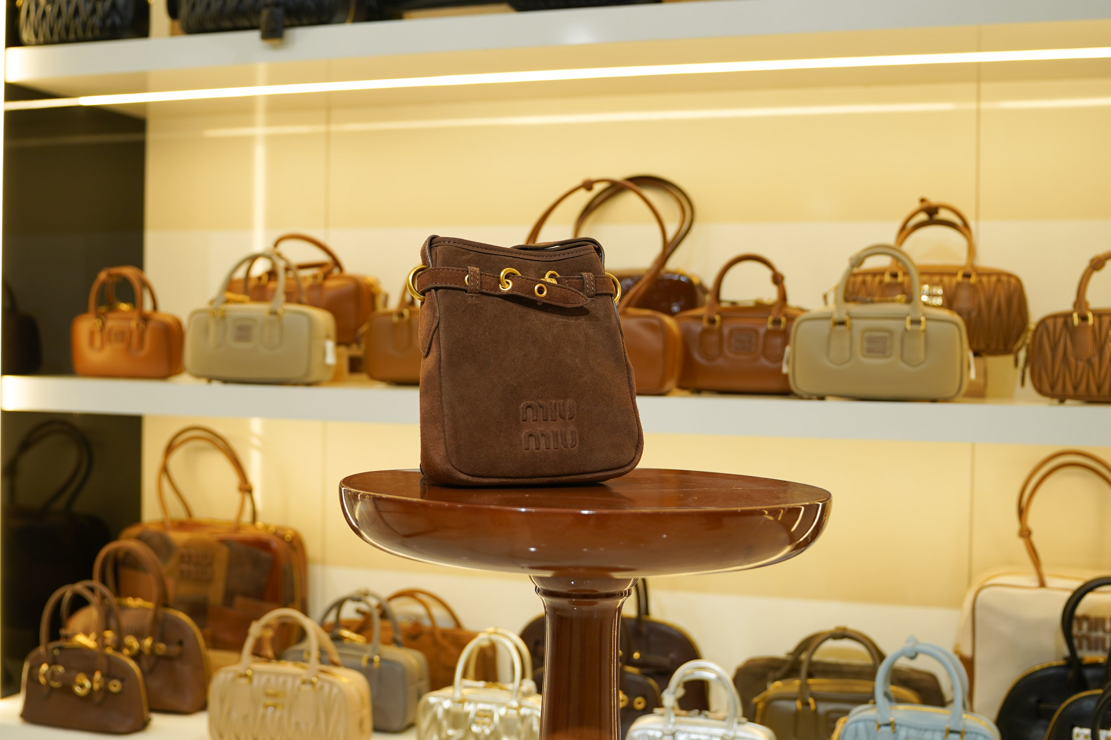Miu Miu | Bucket Bag – Suede – Brown – Gold Hardware