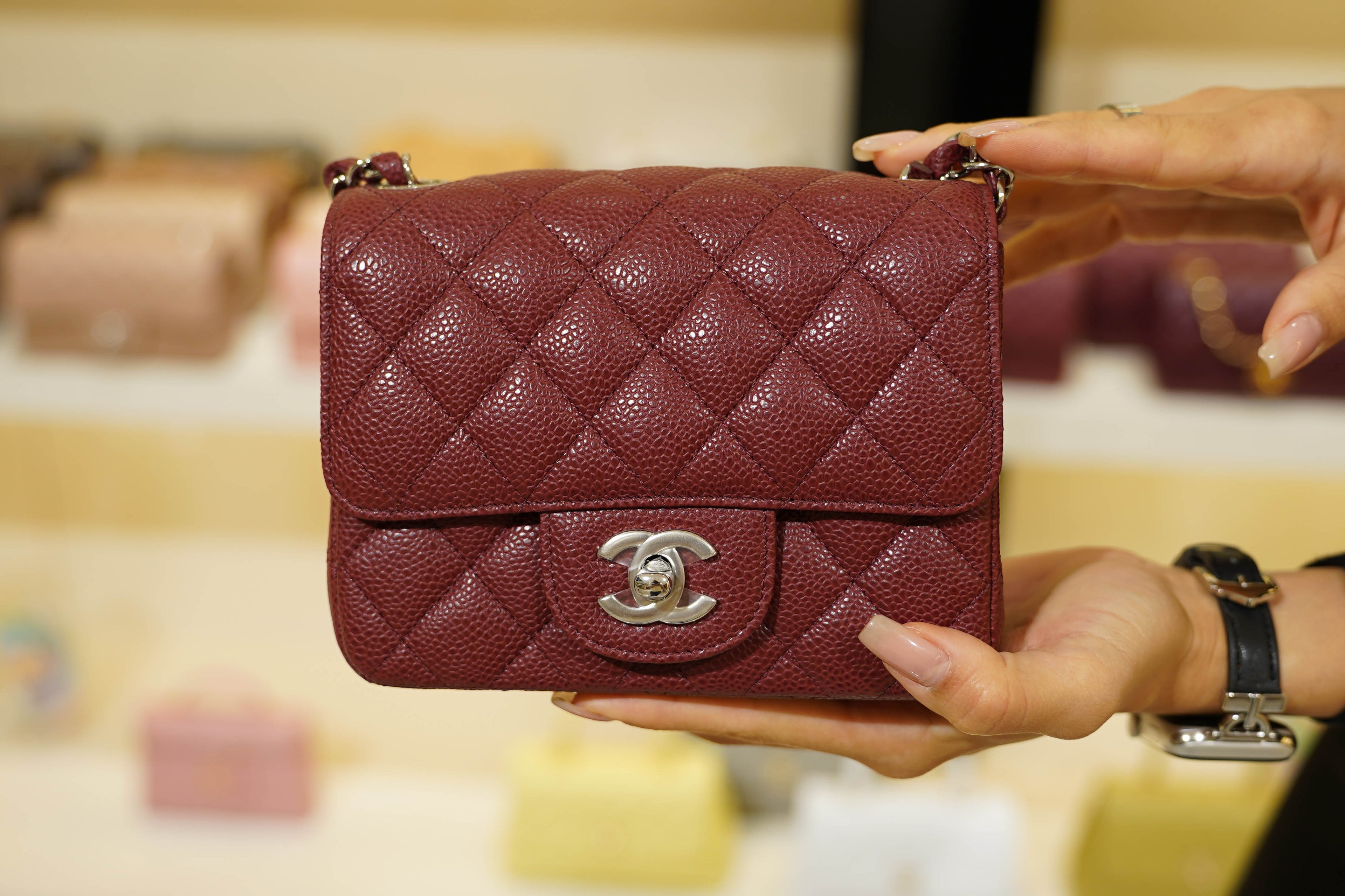 Chanel | Square Mini Flap Bag – Leather – Burgundy – Silver Hardware