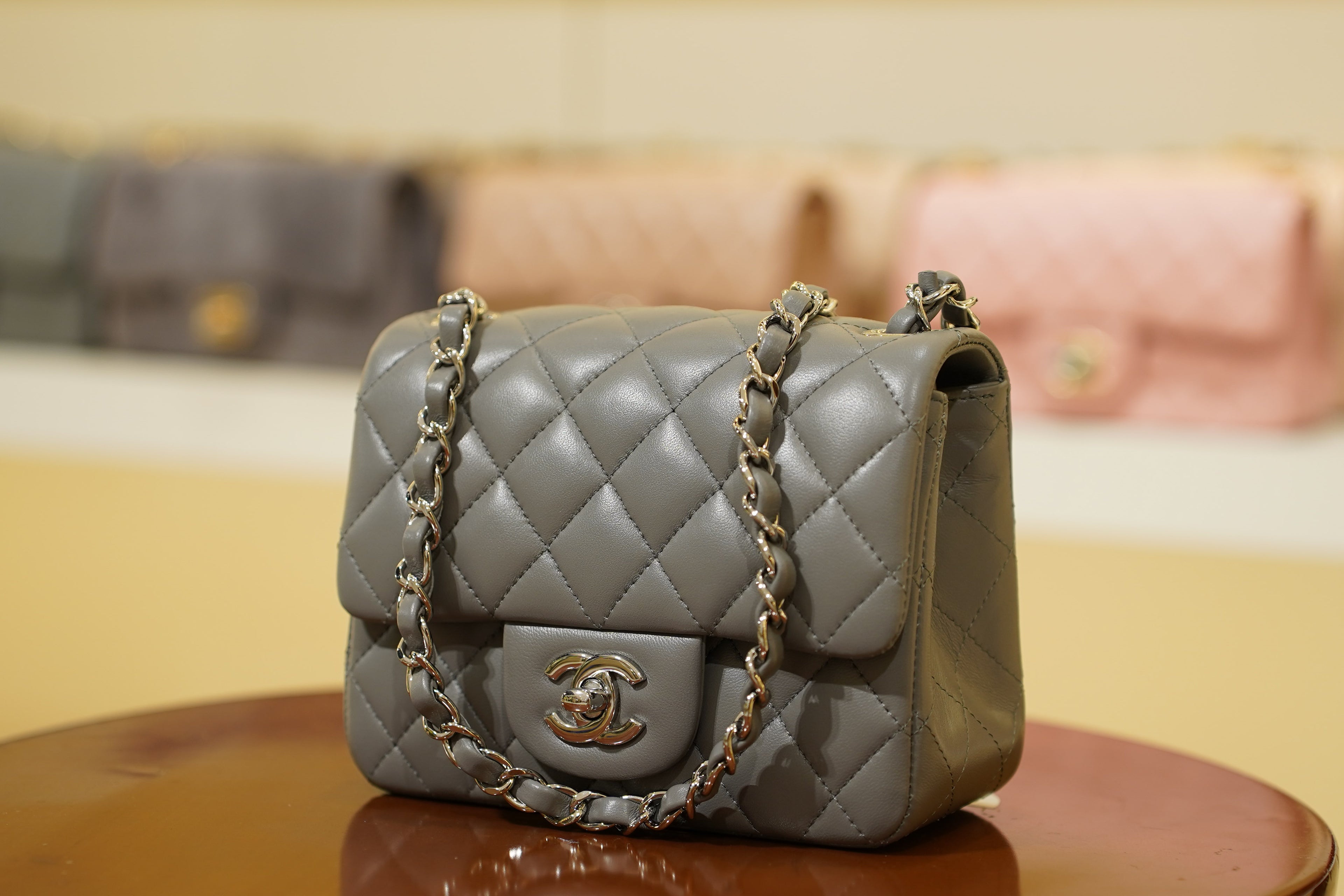 Chanel | Square Mini Flap Bag – Lambskin – Grey – Silver Hardware