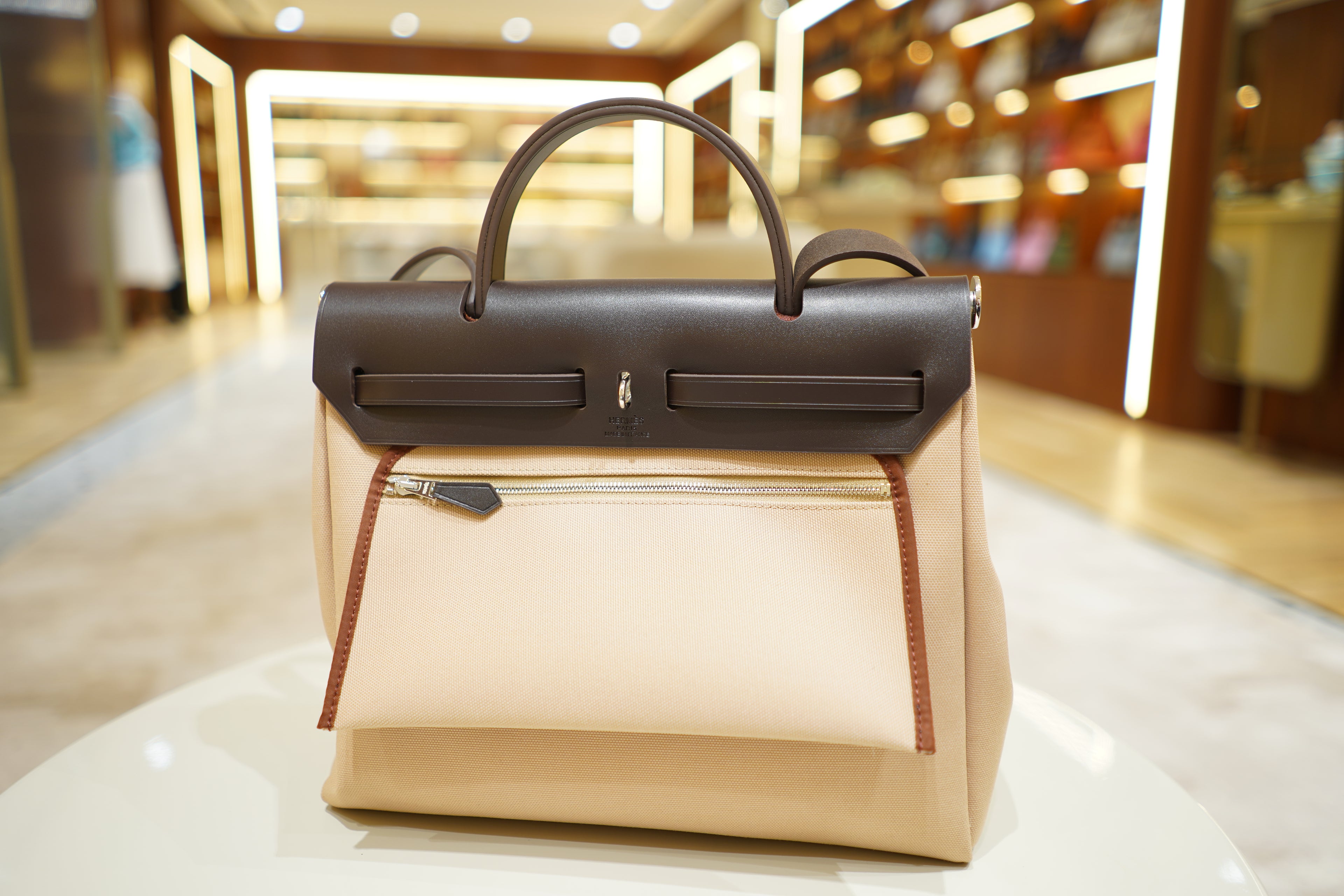 Hermes | Herbag Medium – Canvas – Beige and Brown – Silver Hardware