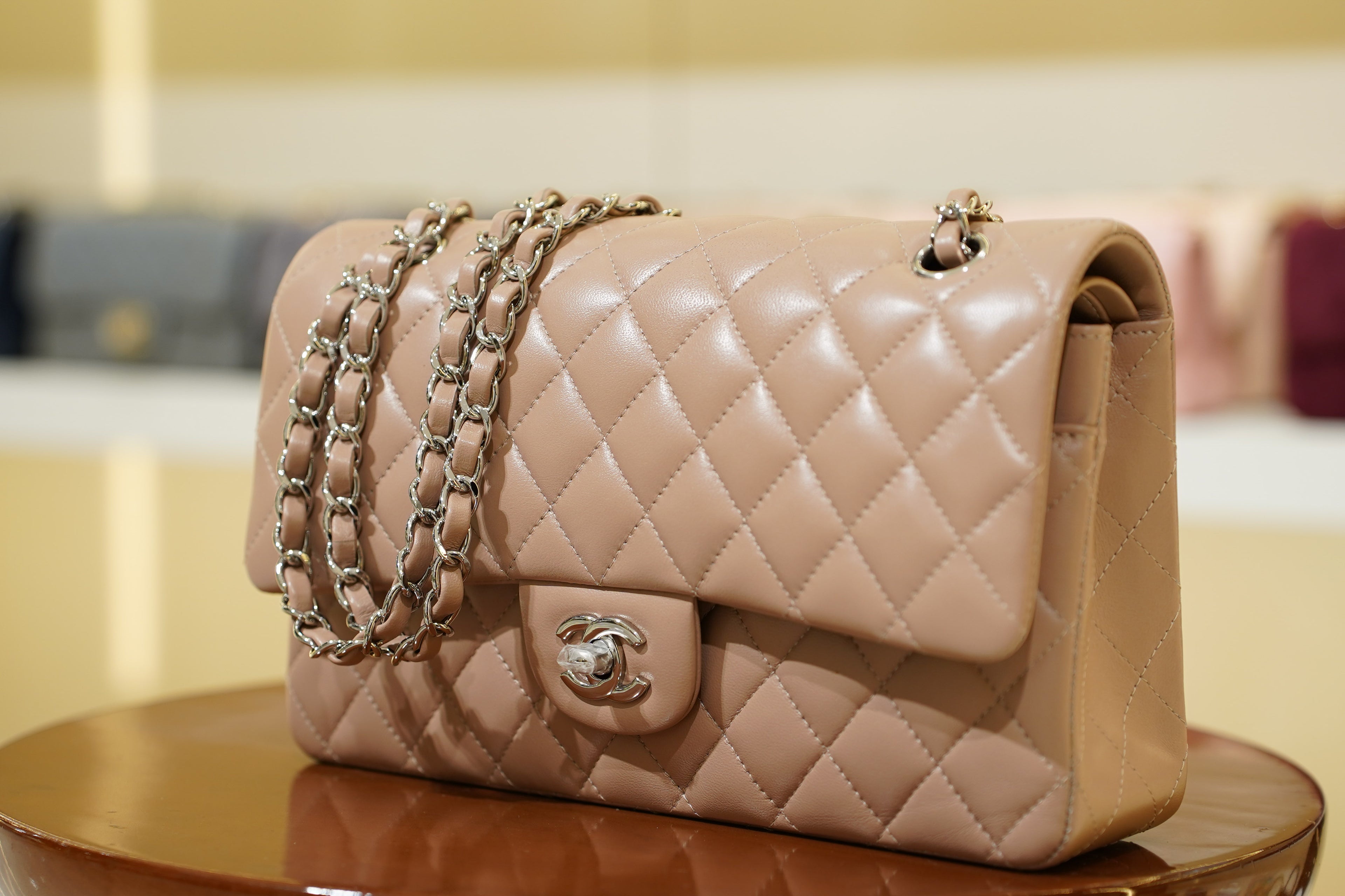 Chanel | Classic Flap Bag – Medium – Lambskin – Beige – Silver Hardware