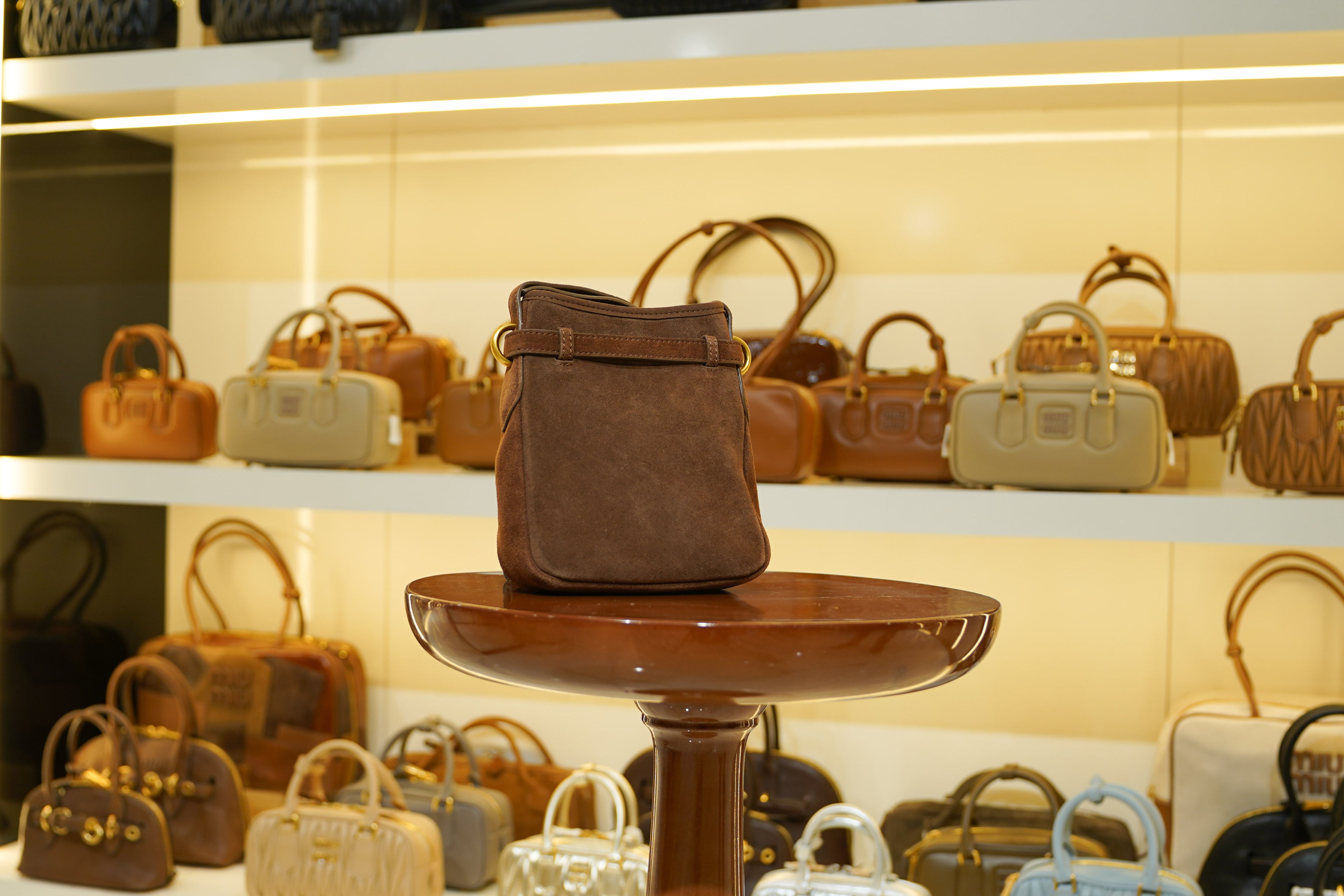 Miu Miu | Bucket Bag – Suede – Brown – Gold Hardware