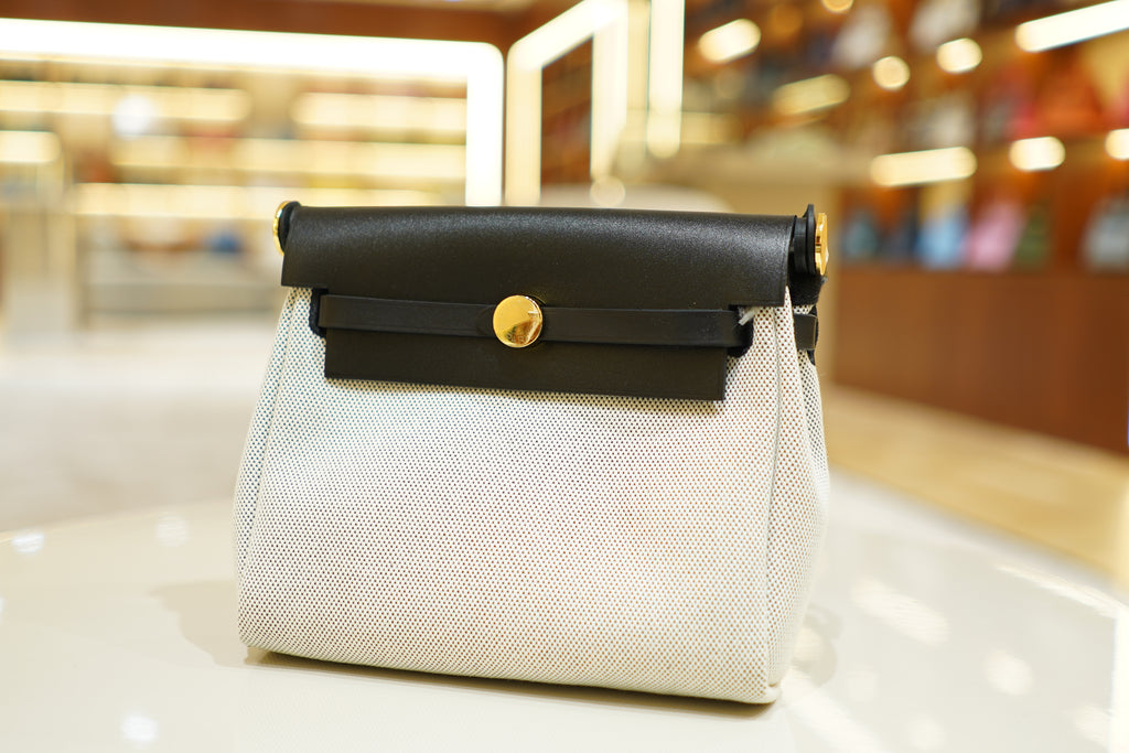 Hermes | Herbag Mini – Canvas – White and Black – Gold Hardware