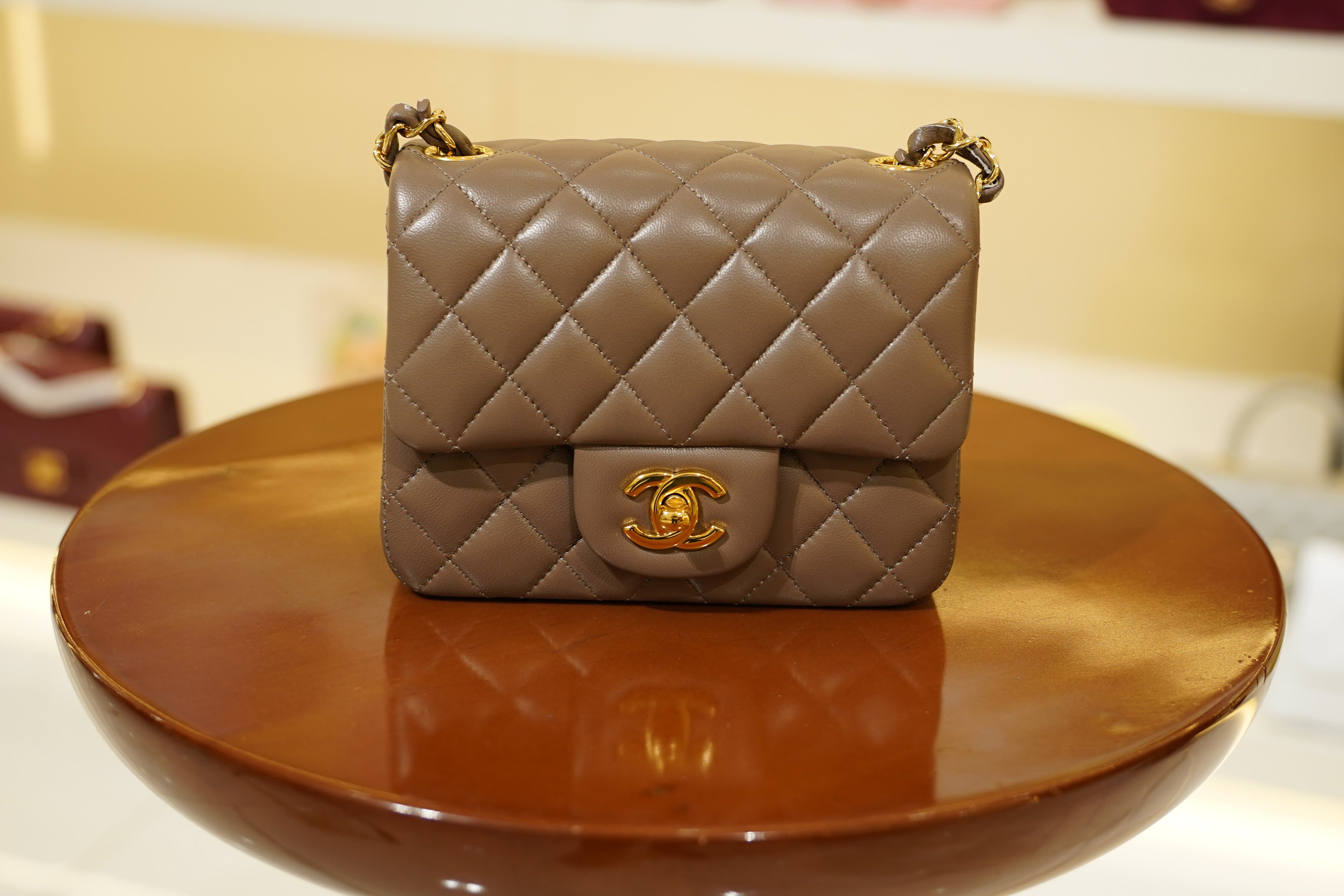Chanel | Square Mini Flap Bag – Lambskin – Taupe – Gold Hardware
