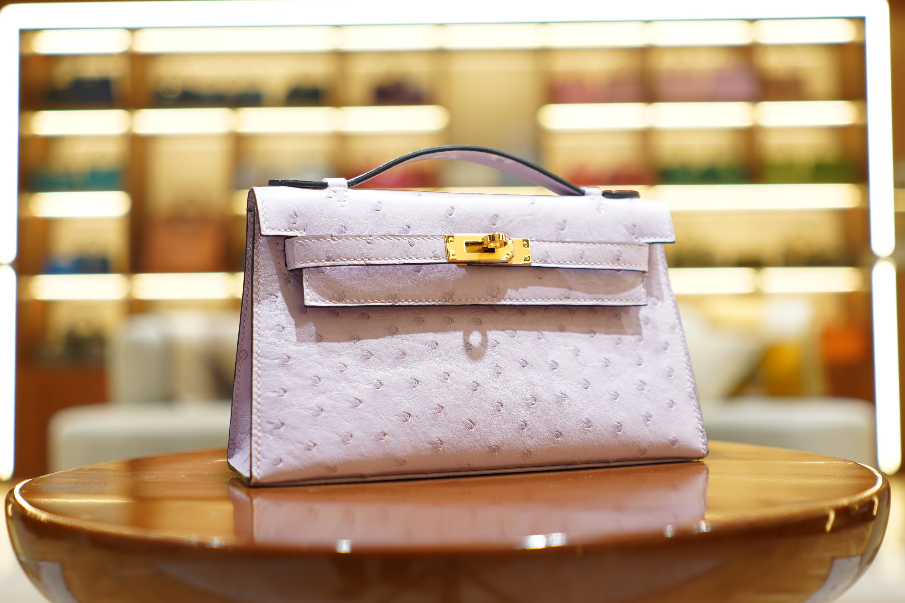 Hermes | Kelly Pochette – Ostrich Leather – Lavender – Gold Hardware