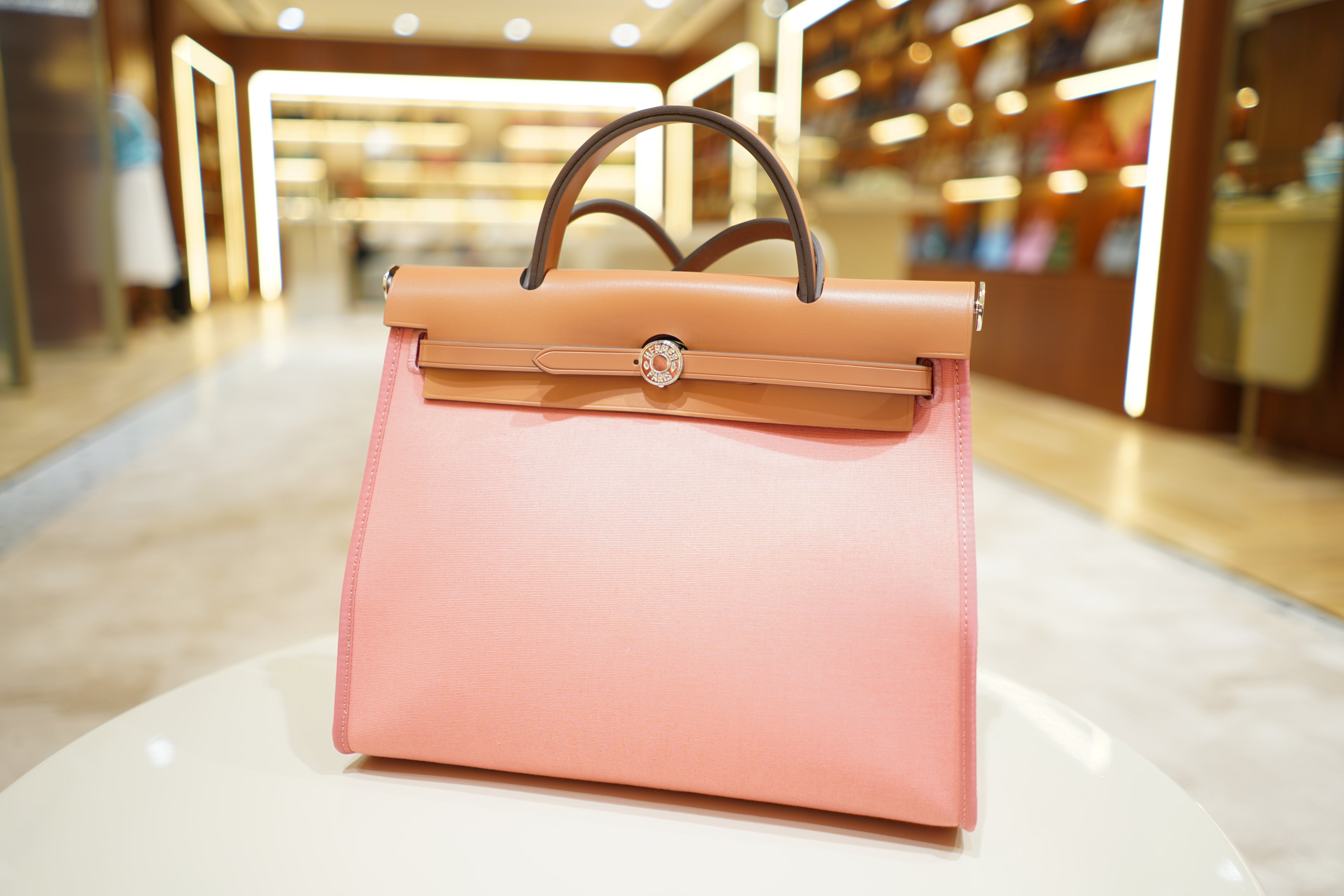 Hermes | Herbag Medium – Canvas – Pink and Tan – Silver Hardware