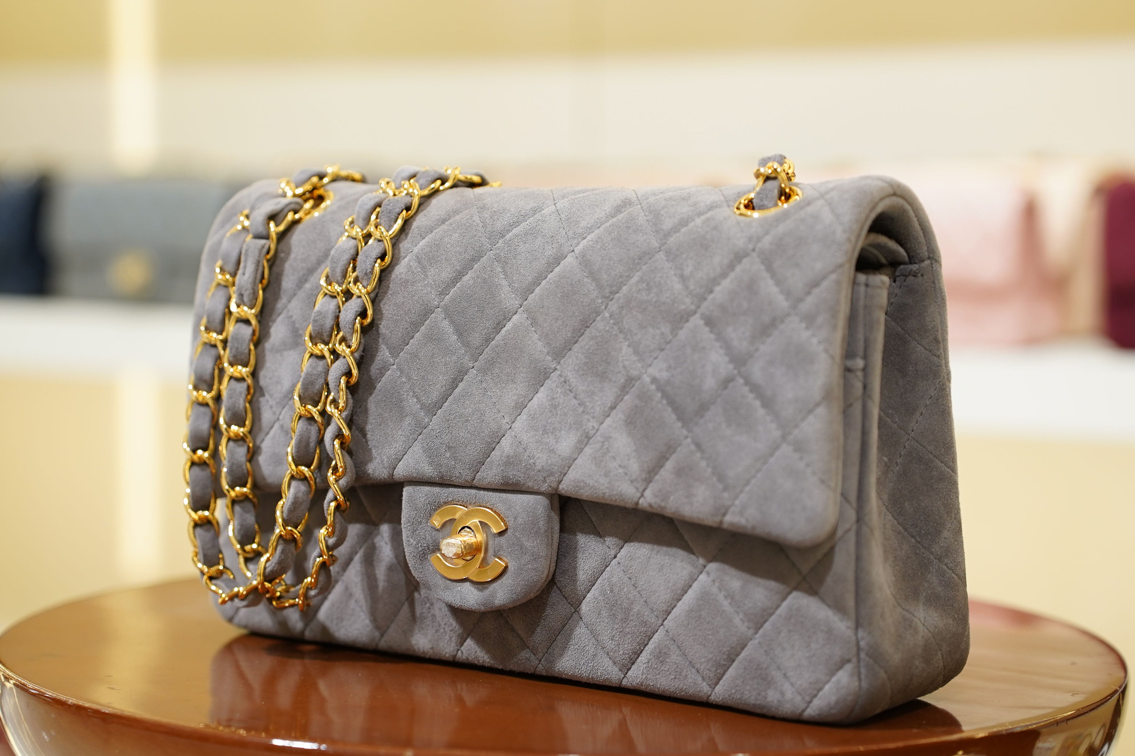 Chanel | Classic Flap Bag – Medium – Suede – Gray – Gold Hardware