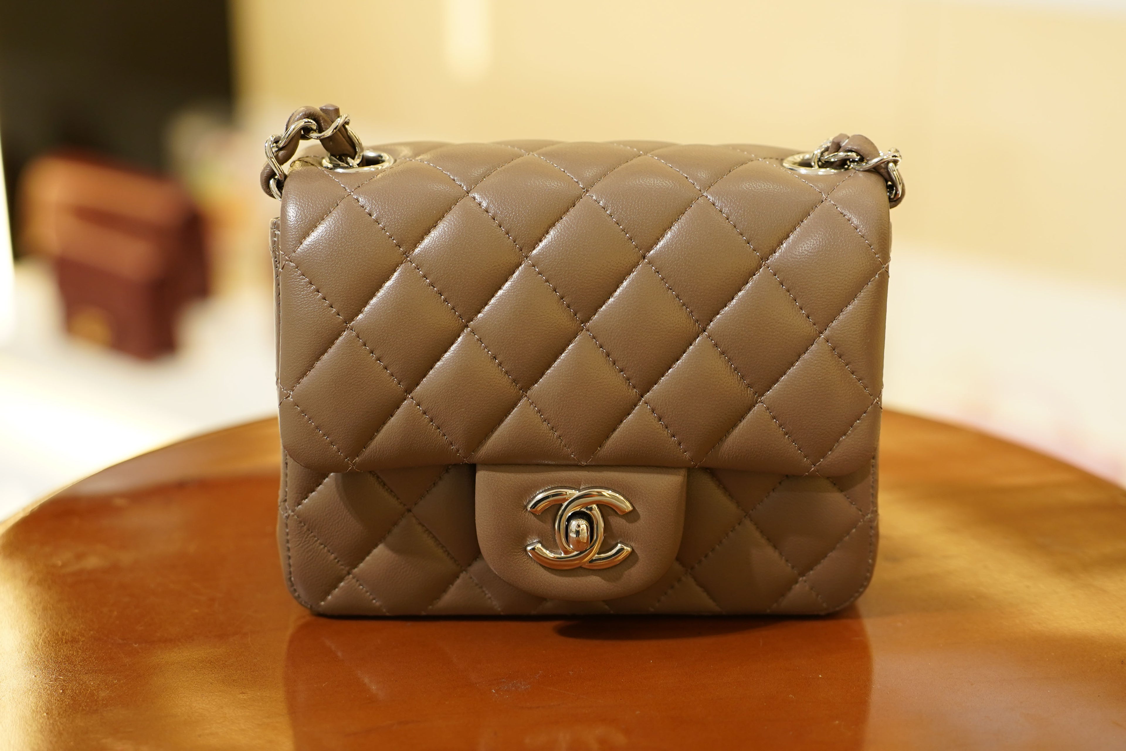 Chanel | Square Mini Flap Bag – Lambskin – Taupe – Silver Hardware
