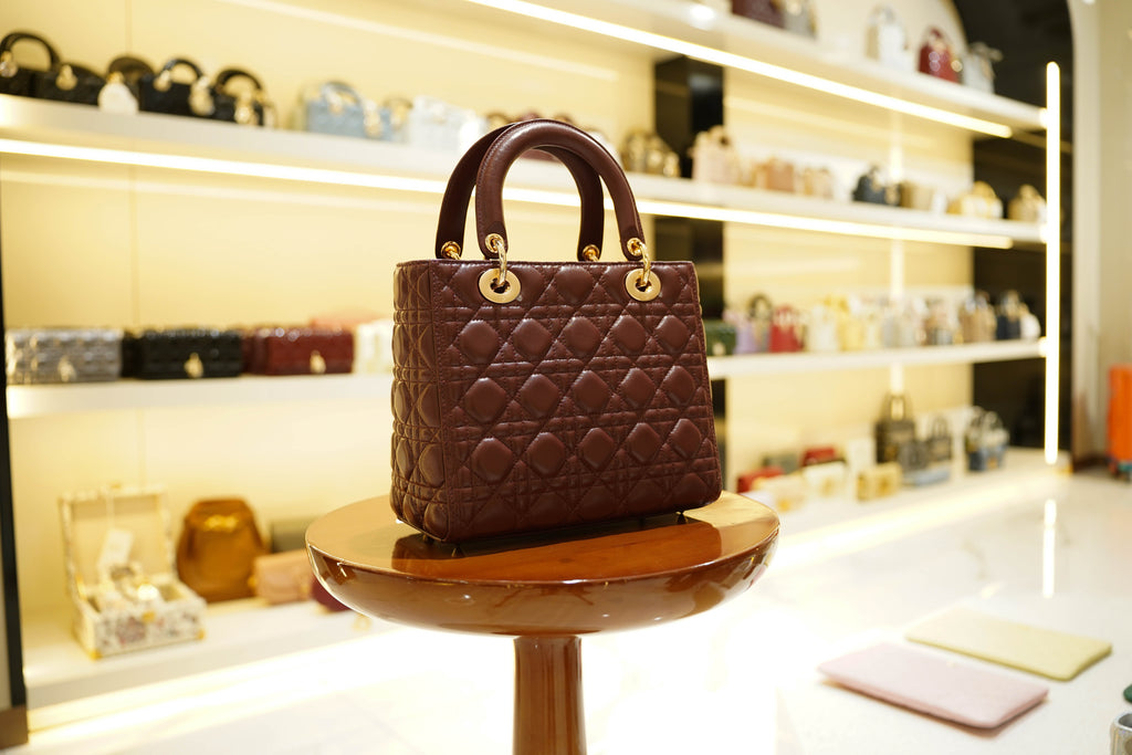 Dior | Lady Dior (Groß) – Lammleder – Bordeaux – Goldene Hardware