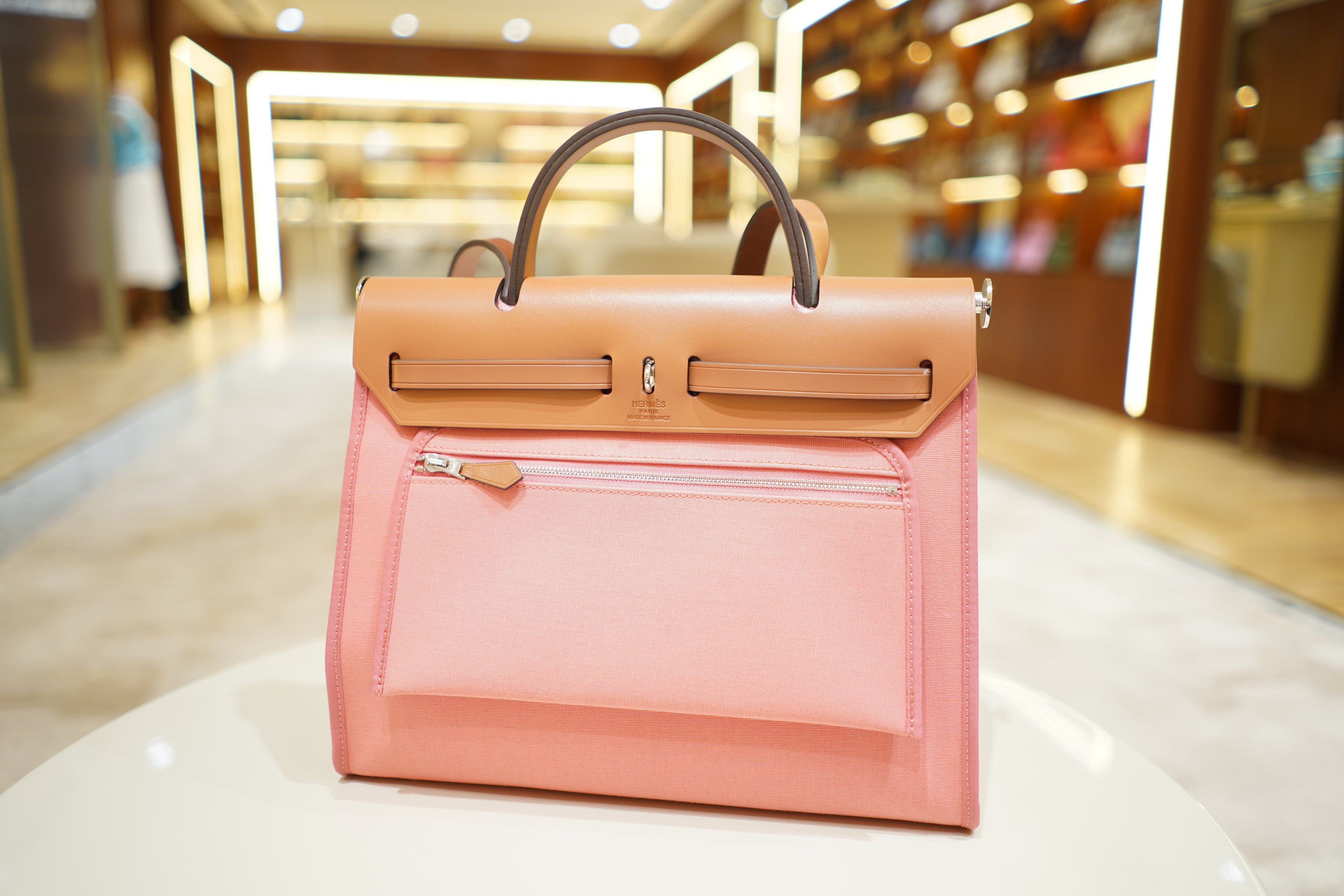 Hermes | Herbag Medium – Canvas – Pink and Tan – Silver Hardware