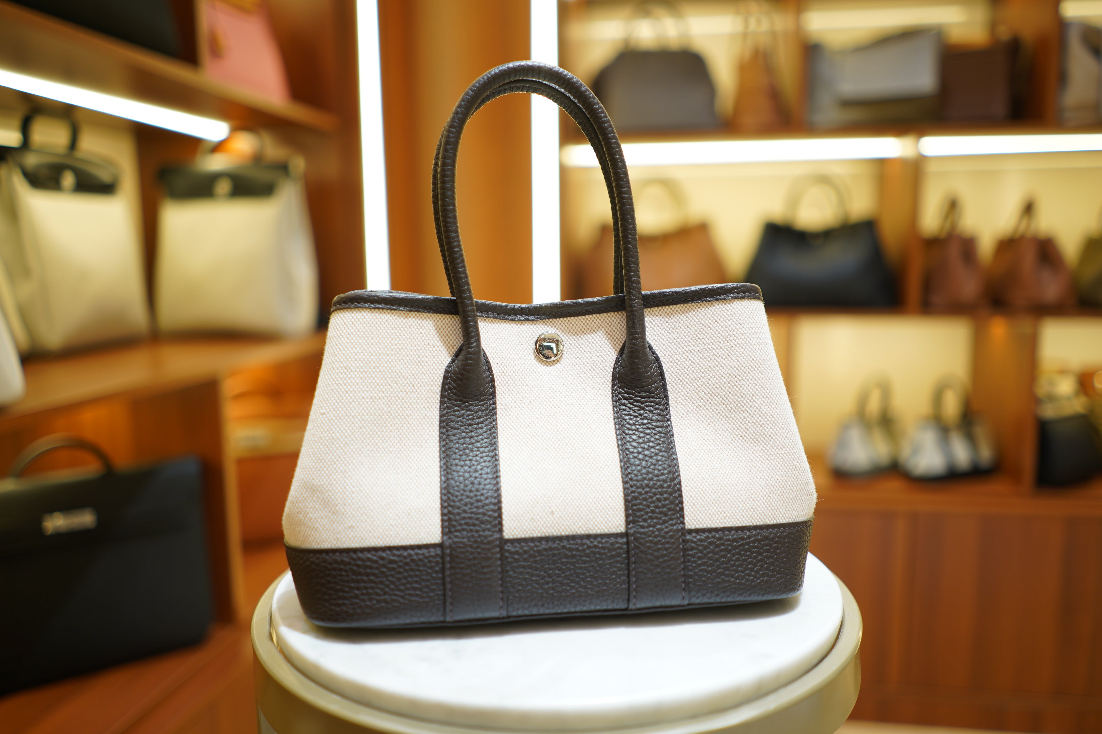 Hermes | Garden Party Mini – Canvas – Beige and Brown – Silver Hardware