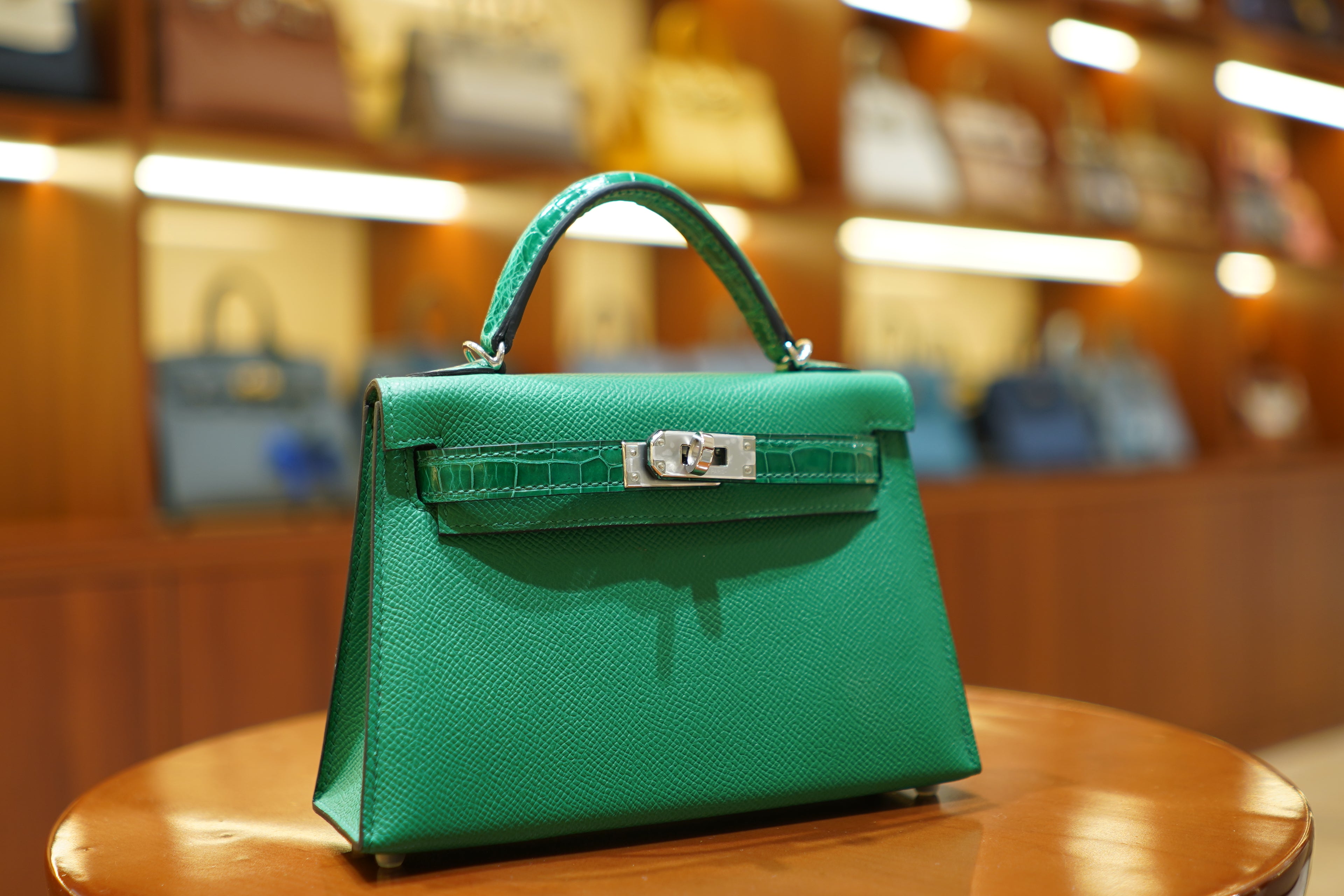 Hermes | Mini Kelly – Epsom Croco Touch – Green – Palladium Hardware