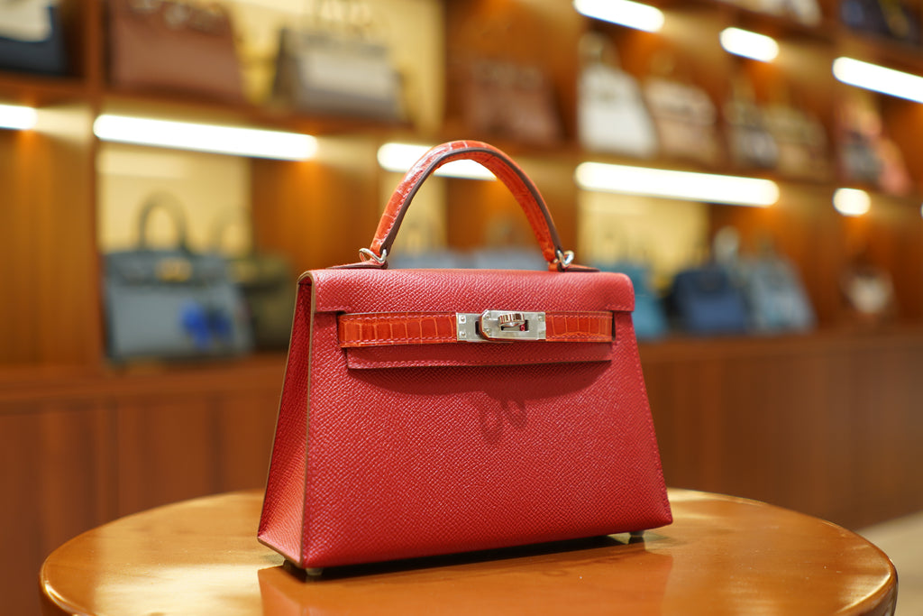 Hermes | Mini Kelly – Epsom Croco Touch – Rouge Casaque – Palladium Hardware
