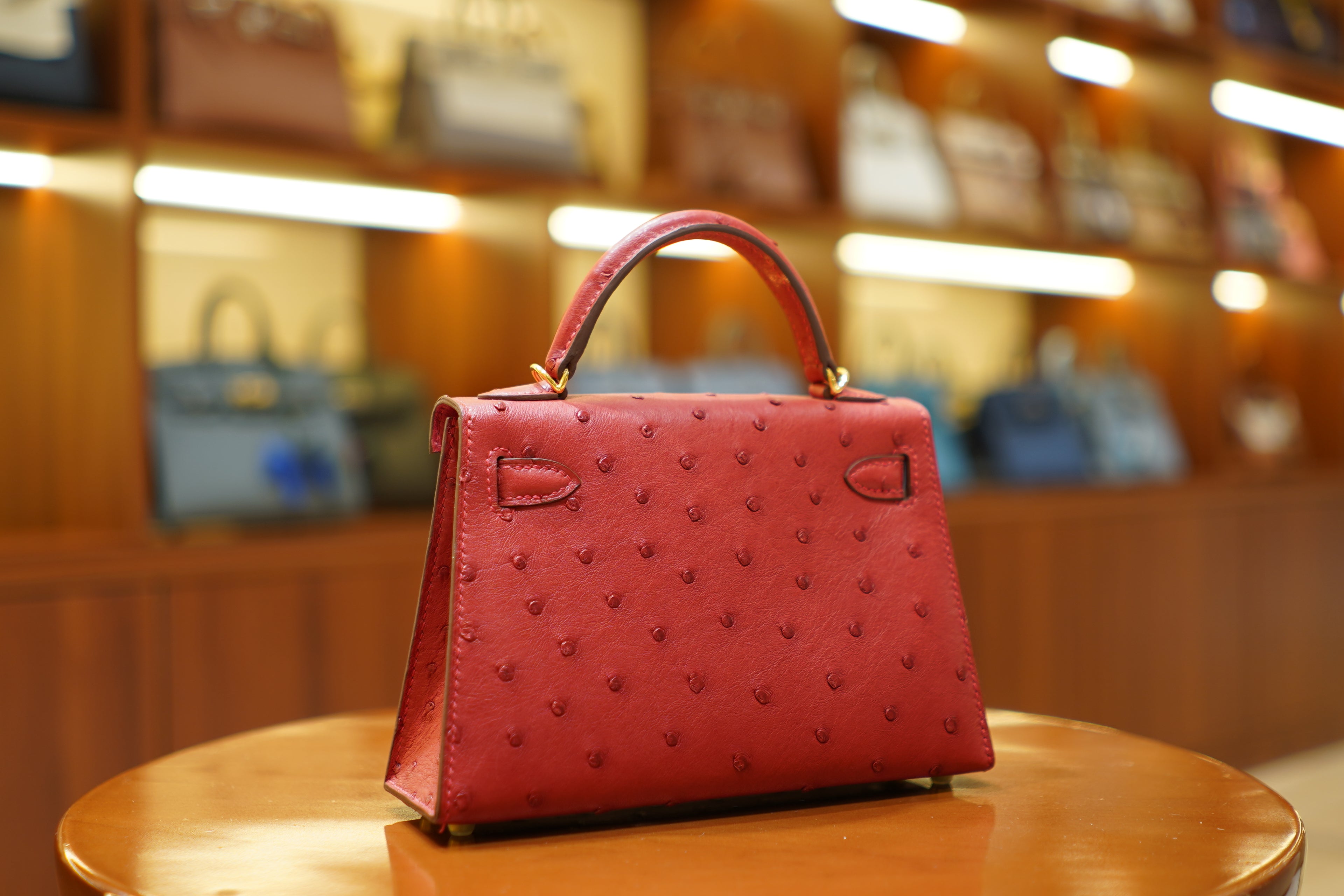 Hermes | Mini Kelly – Ostrich – Rouge Casaque – Gold Hardware