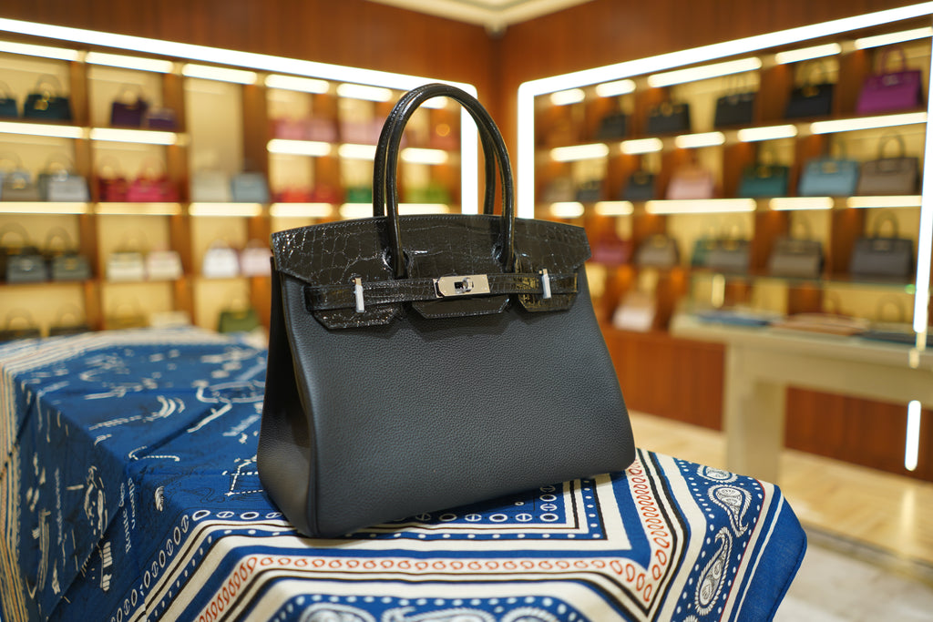 Hermes | Birkin 30 – Noir Touch – Glänzendes Niloticus-Krokodil- und Togo-Leder – Palladium-Beschläge