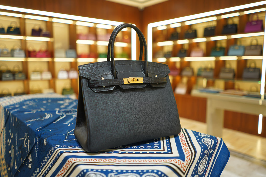 Hermès | Birkin 30 – Noir Touch – Нилотиковый крокодил и кожа Того – Золотая фурнитура