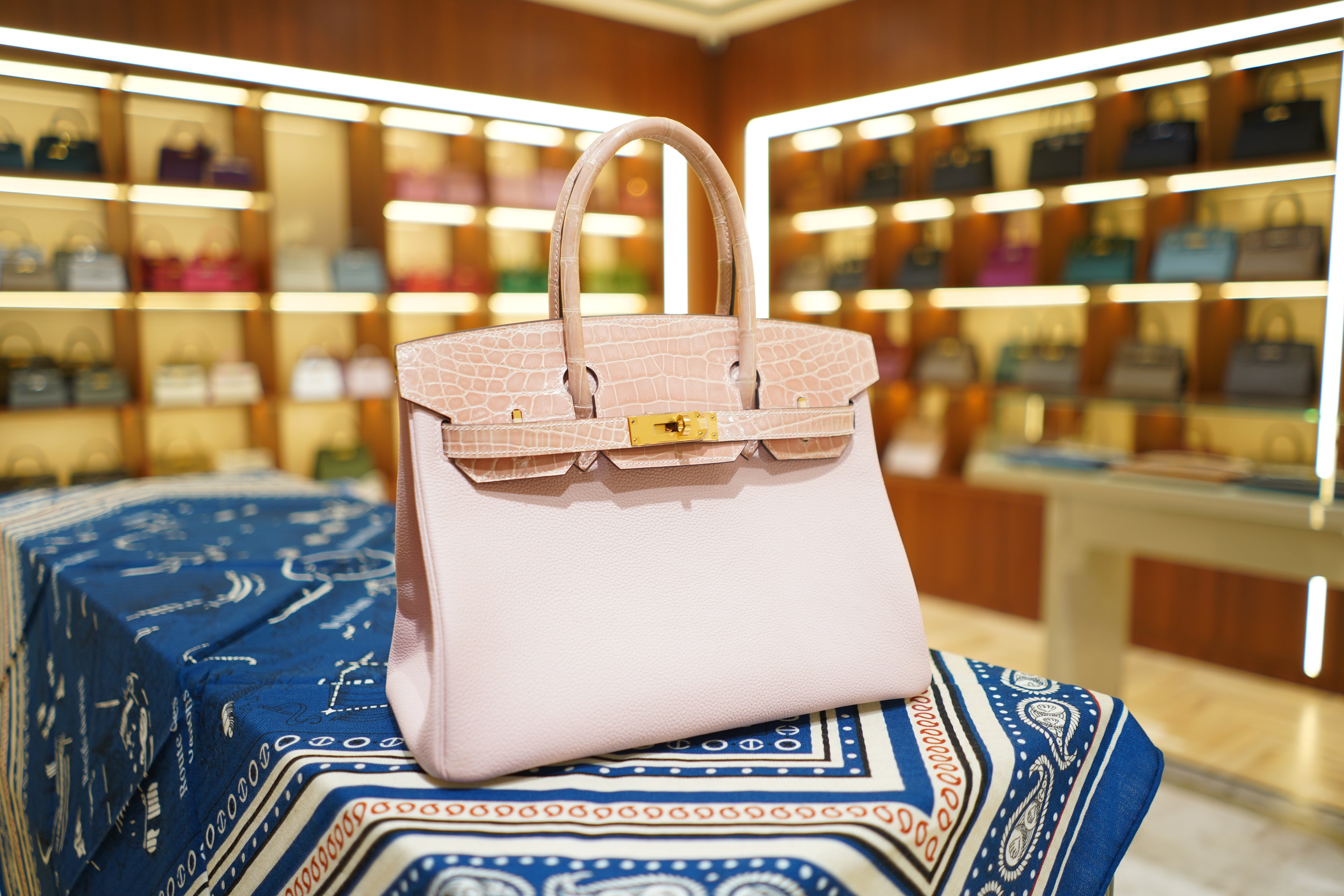 Hermes | Birkin 30 – Touch – Togo & Shiny Niloticus Crocodile – Rose Sakura – Gold Hardware