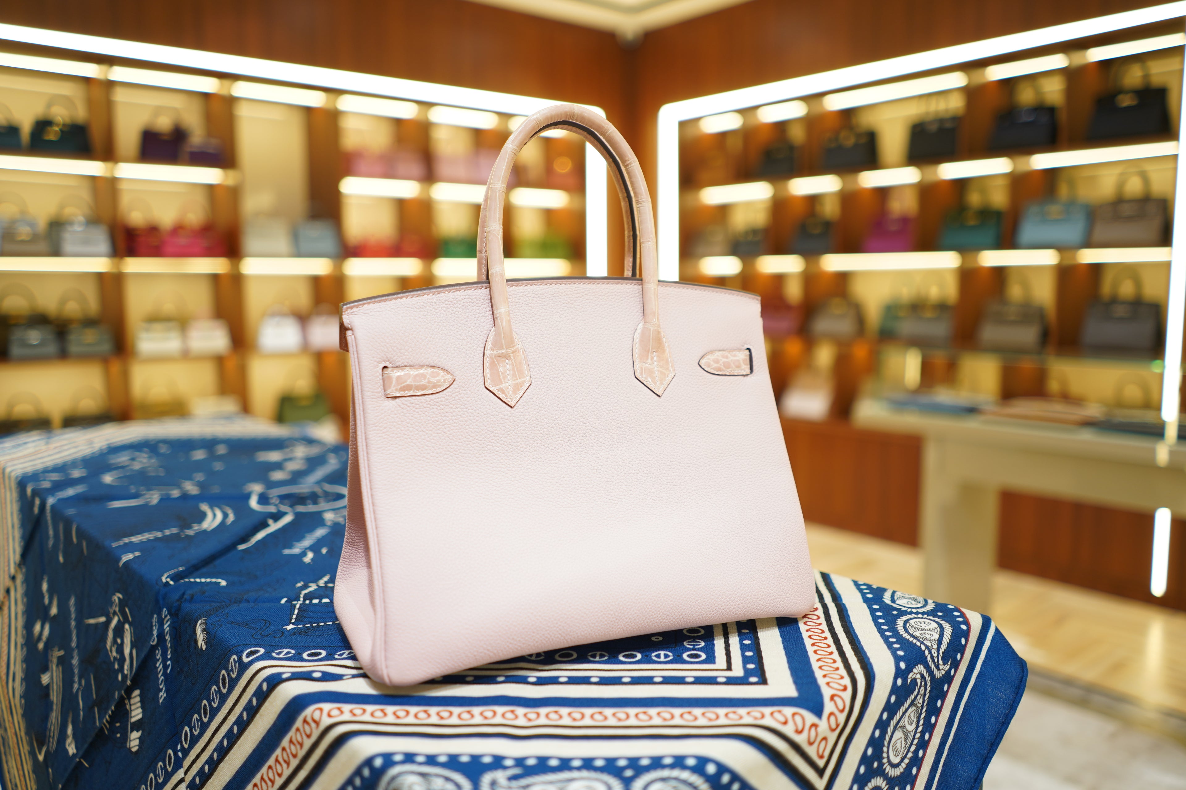 Hermes | Birkin 30 – Touch – Togo & Shiny Niloticus Crocodile – Rose Sakura – Gold Hardware