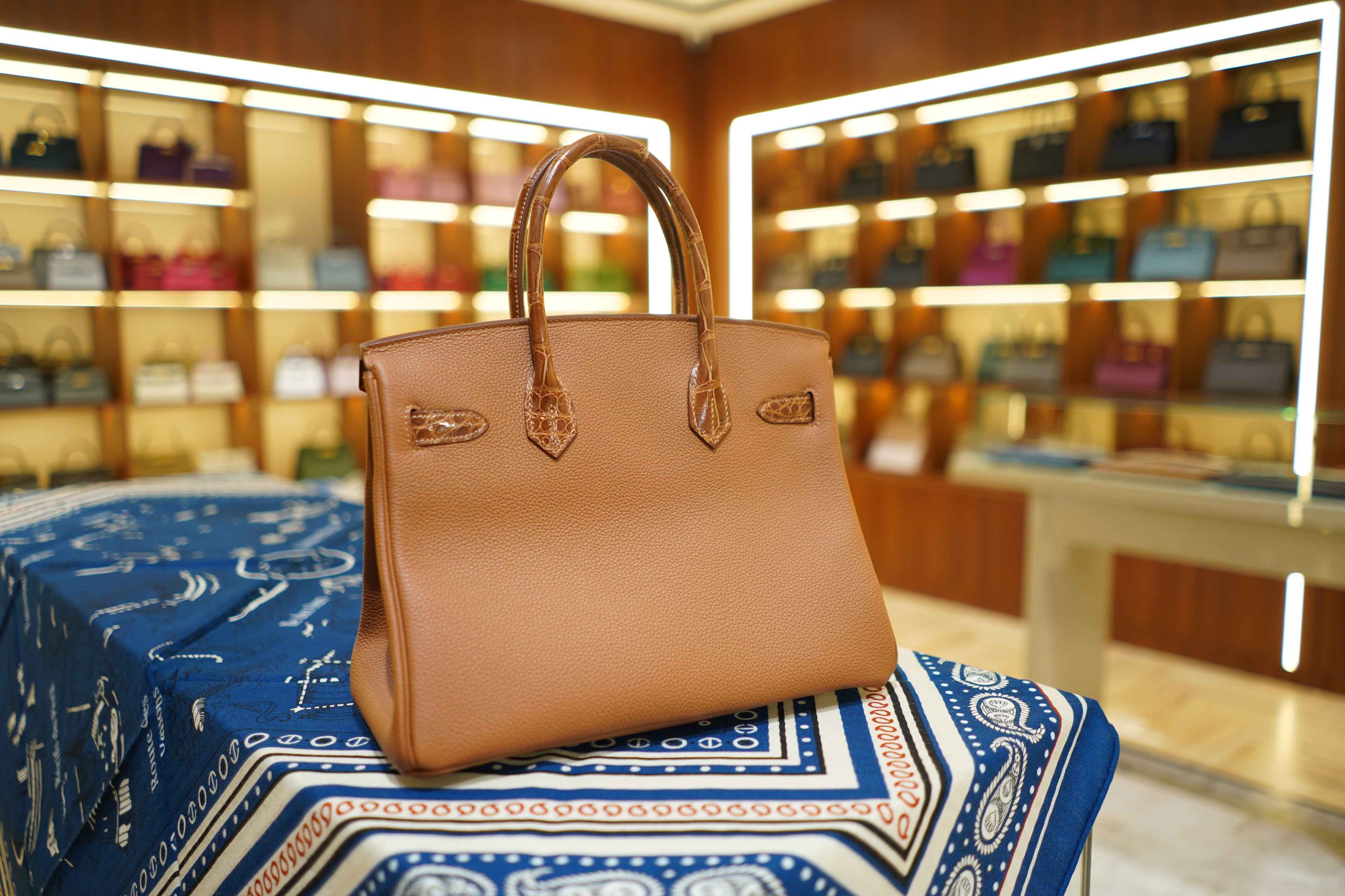 Hermes | Birkin 30 – Touch – Togo & Shiny Niloticus Crocodile – Caramel Tabac Camel – Gold Hardware