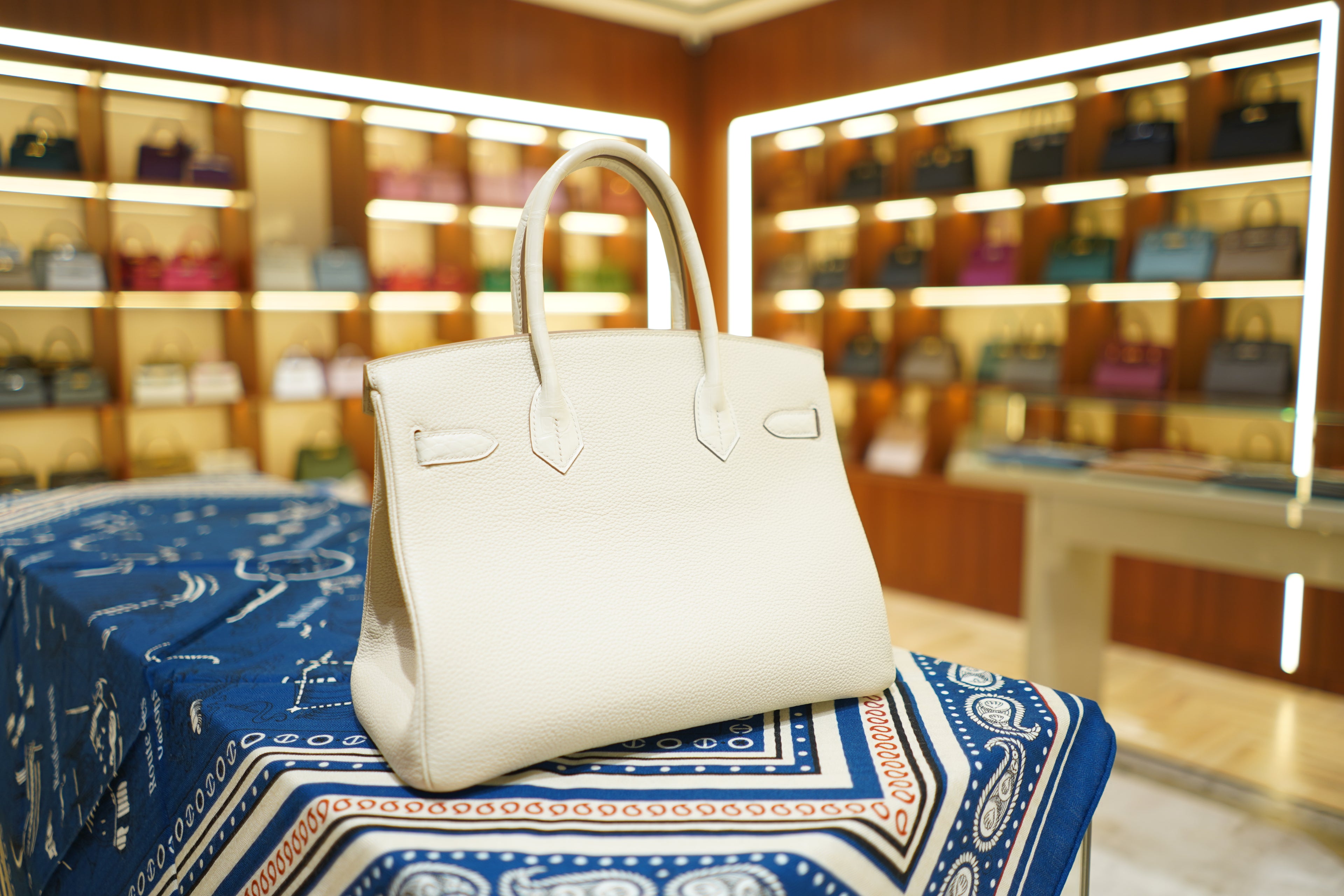 Hermes | Birkin 30 – Togo & Niloticus Crocodile – White – Gold Hardware