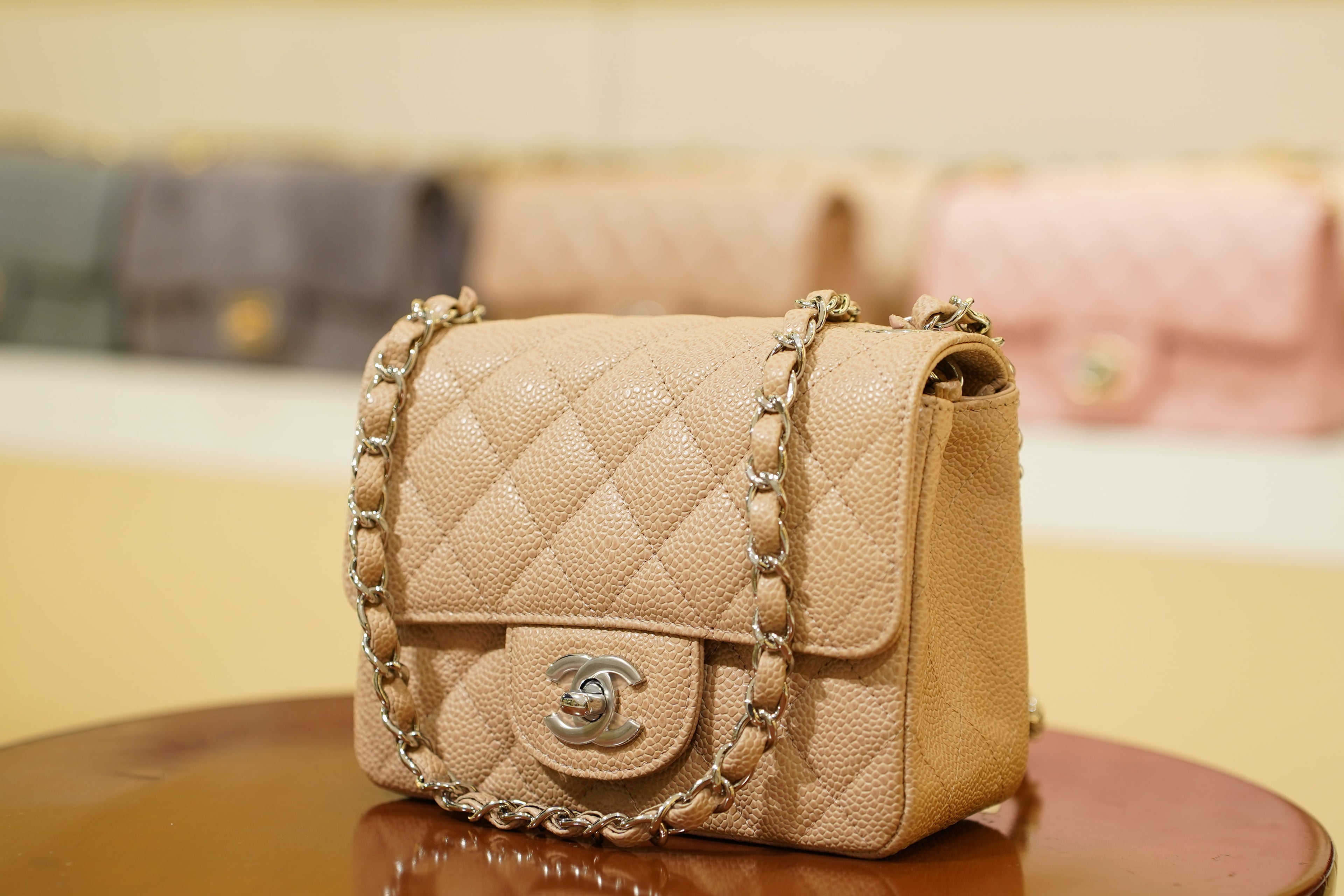 Chanel | Square Mini Flap Bag – Leather – Beige – Silver Hardware