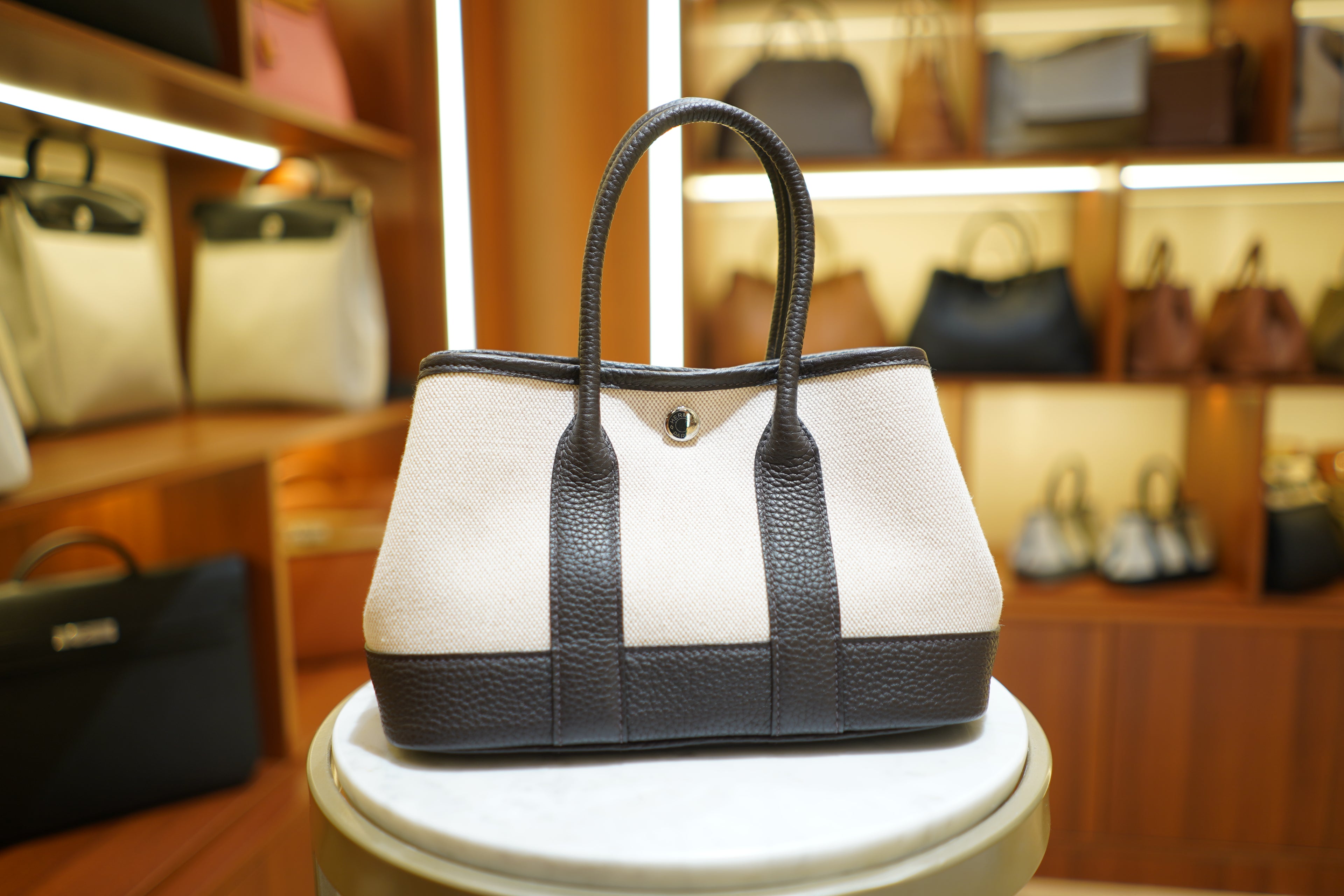 Hermes | Garden Party Mini – Canvas – Beige and Brown – Silver Hardware