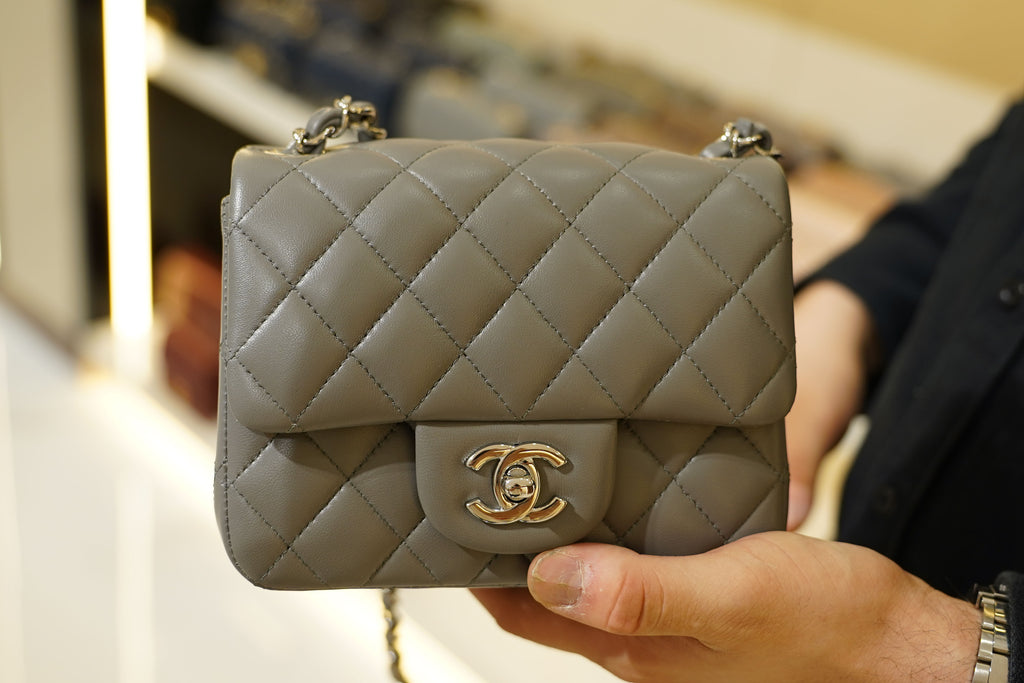 Chanel | Square Mini Flap Bag – Lambskin – Grey – Silver Hardware