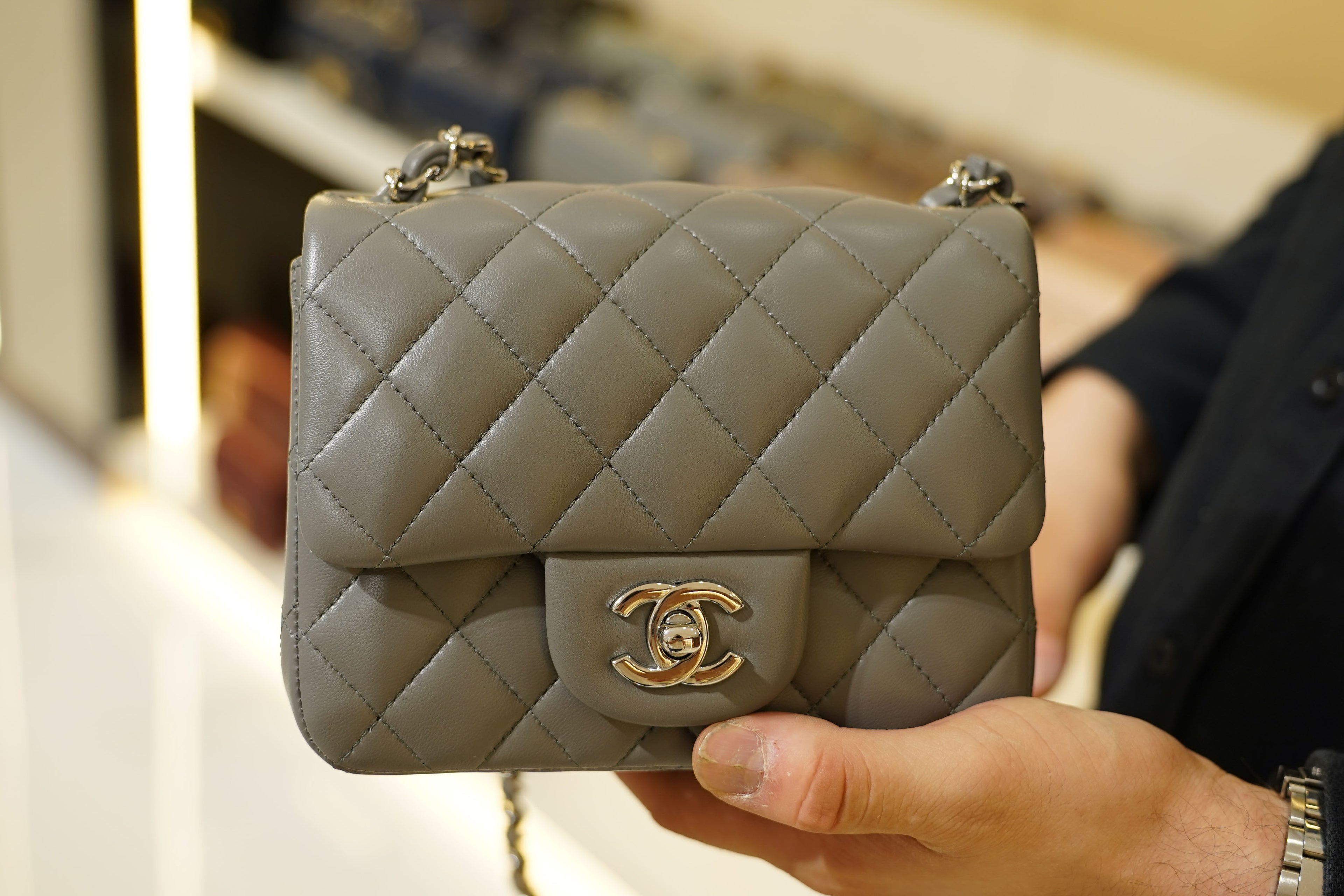 Chanel | Square Mini Flap Bag – Lambskin – Grey – Silver Hardware