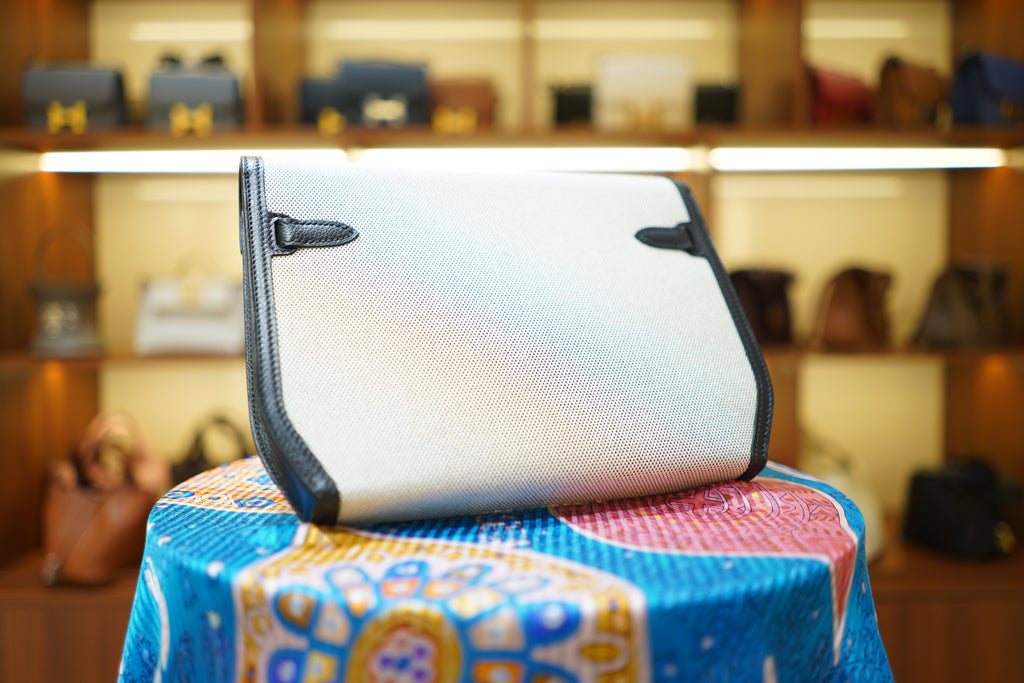 Hermes | Kelly Depeches 25 – Canvas – White and Black – Silver Hardware