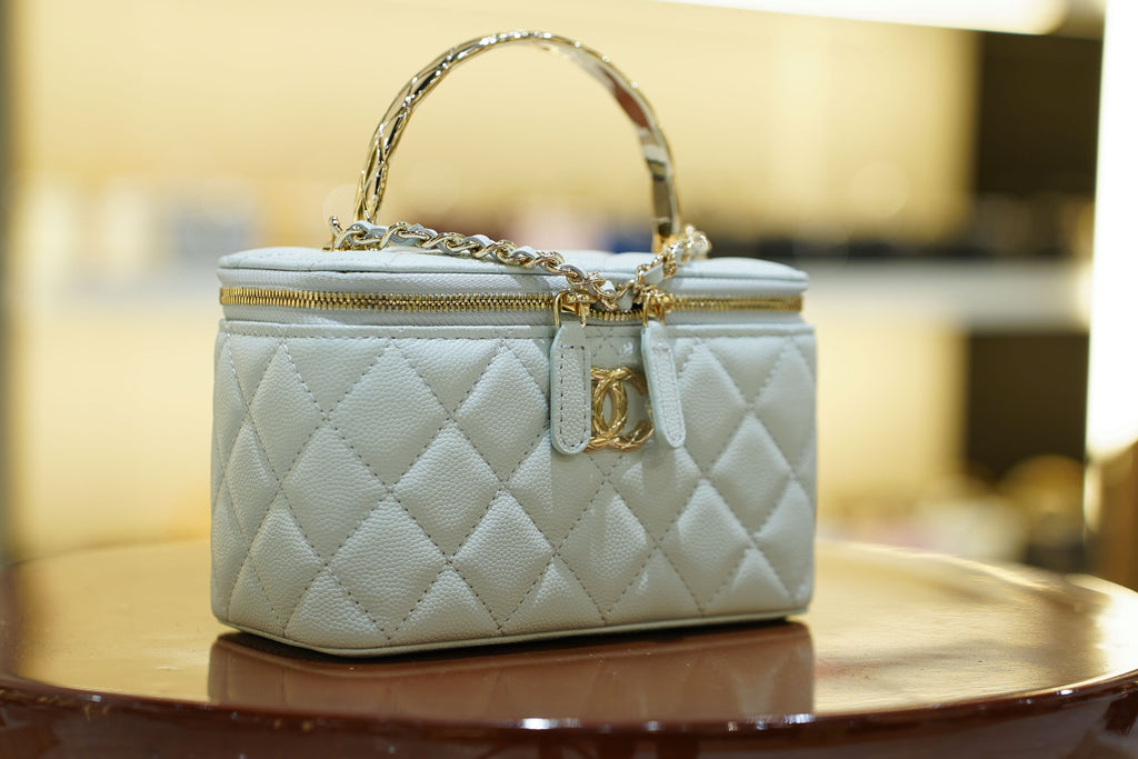 Chanel | Small Vanity Case with Top Handle – Light Blue Caviar – Gold Hardware