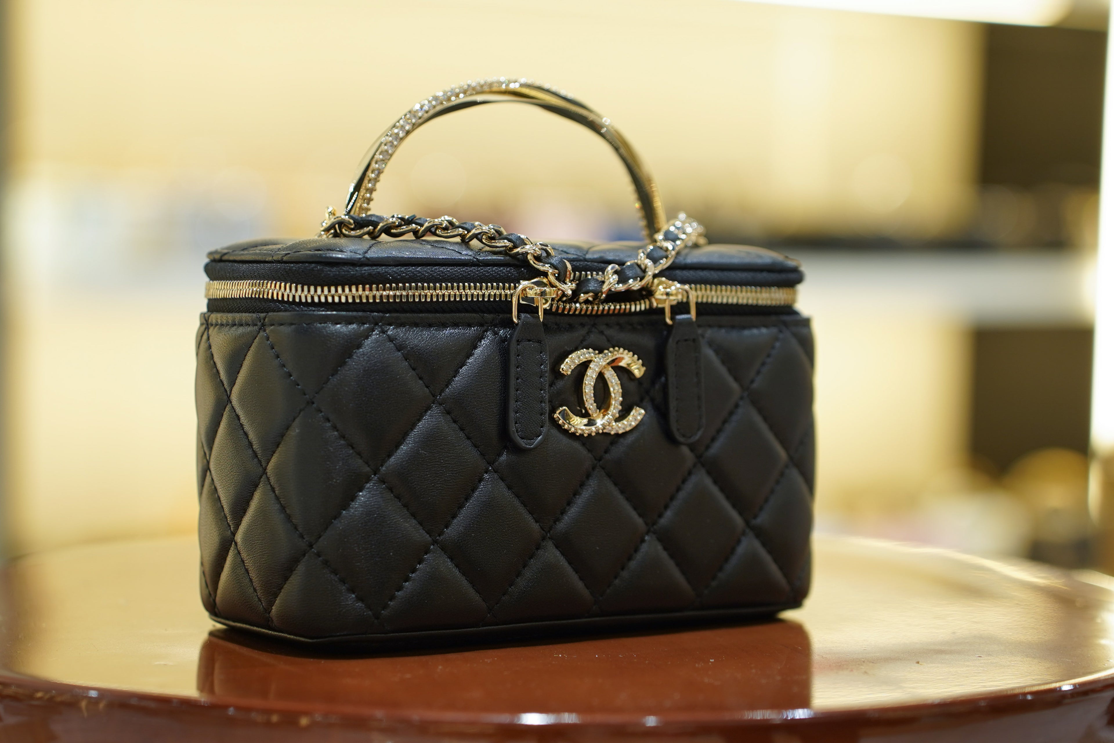 Chanel | Small Vanity Case – Black Lambskin – Crystal Handle & Logo – Gold Hardware