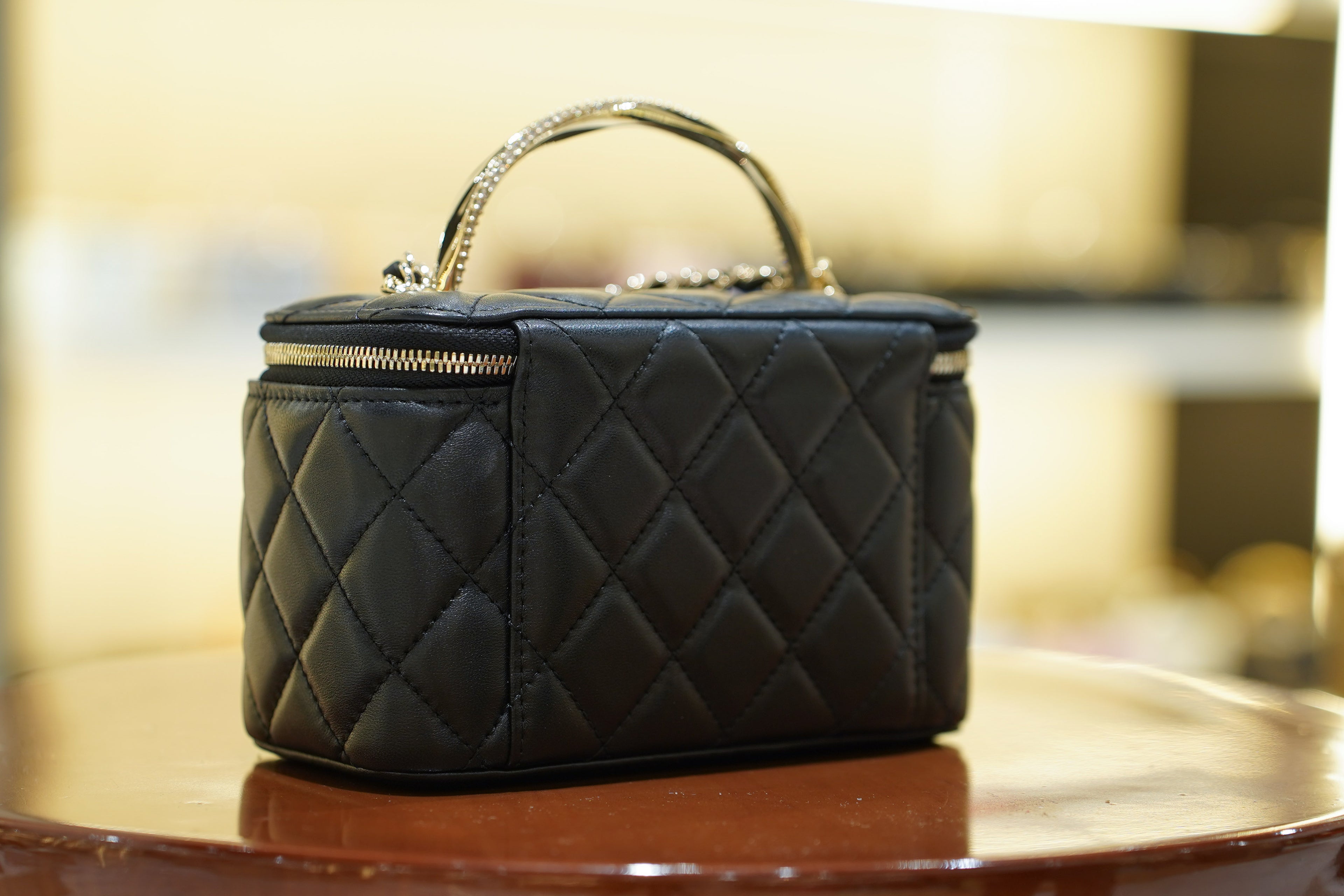 Chanel | Small Vanity Case – Black Lambskin – Crystal Handle & Logo – Gold Hardware