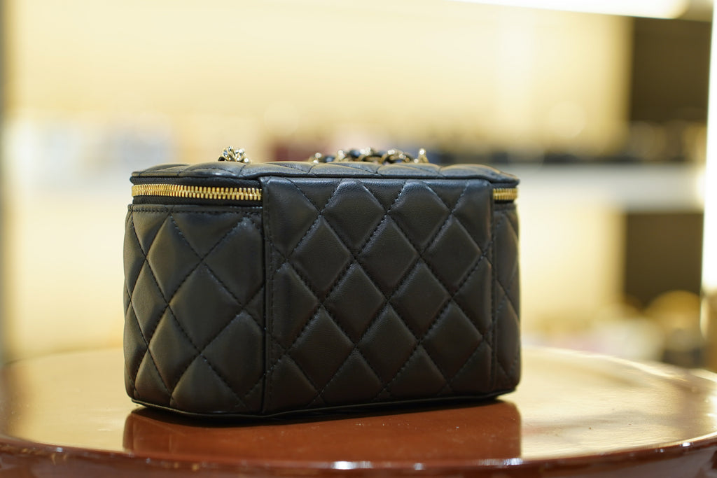 Chanel | Small Vanity Case – Black Lambskin – Beaded Gold CC Logo – Gold Hardware