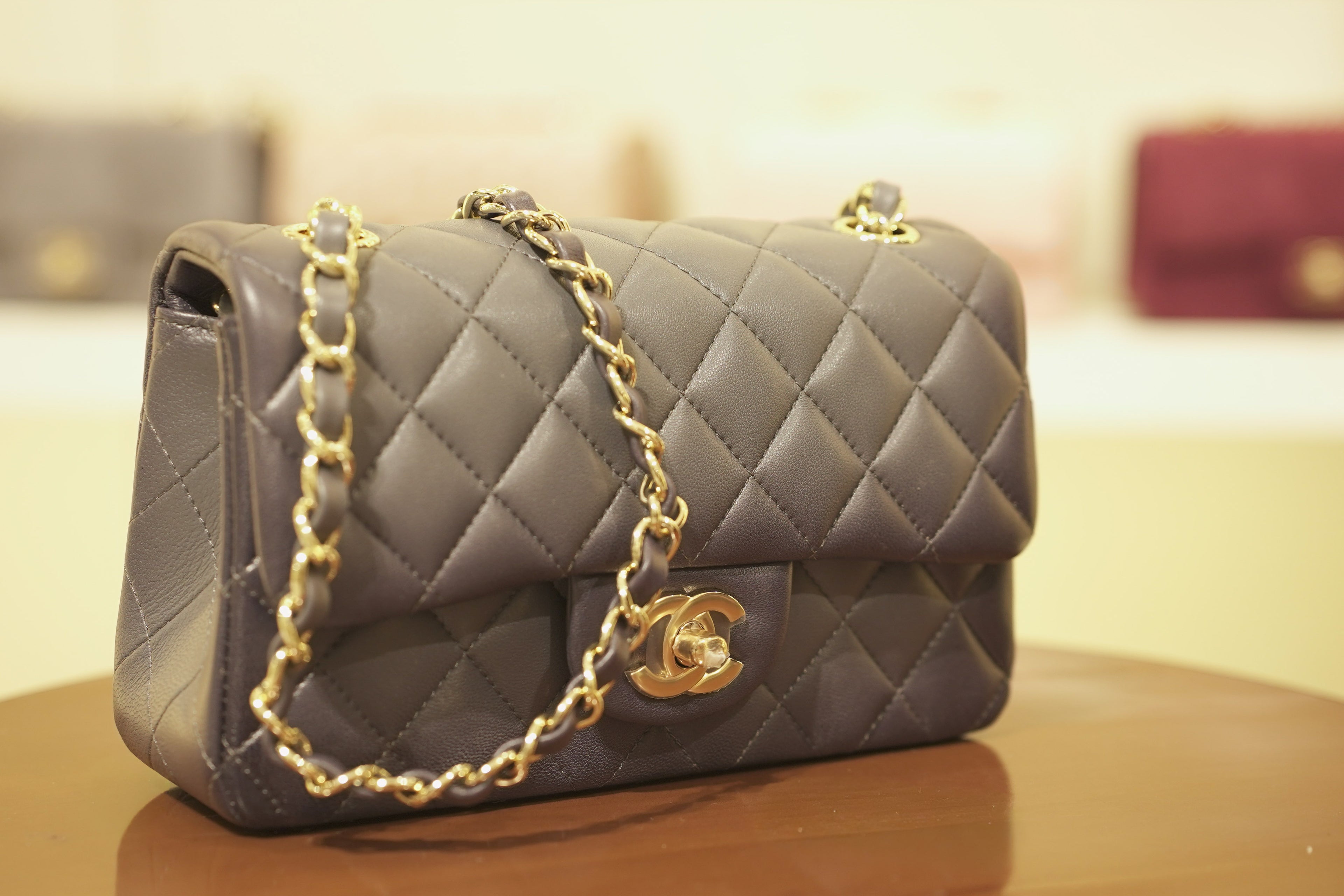 Chanel | Rectangular Mini Flap Bag – Lambskin Leather – Dark Grey – Gold Hardware