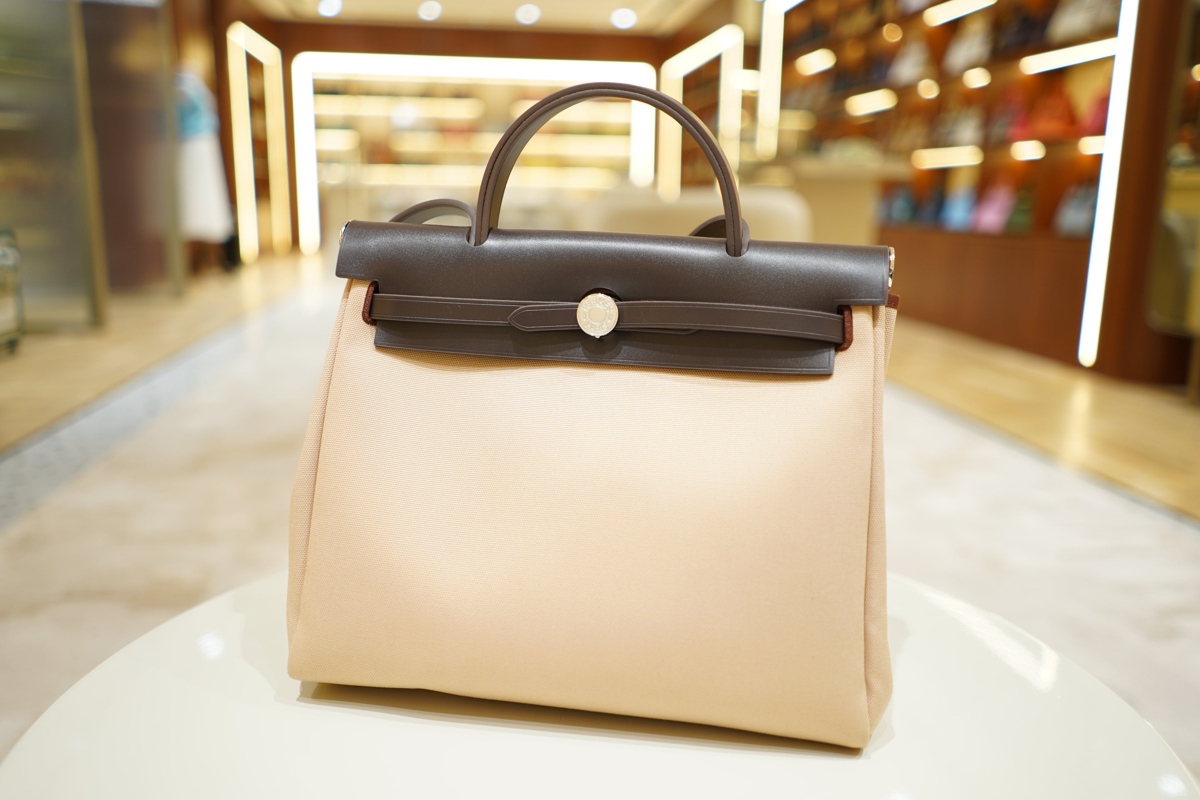 Hermes | Herbag Medium – Canvas – Beige and Brown – Silver Hardware