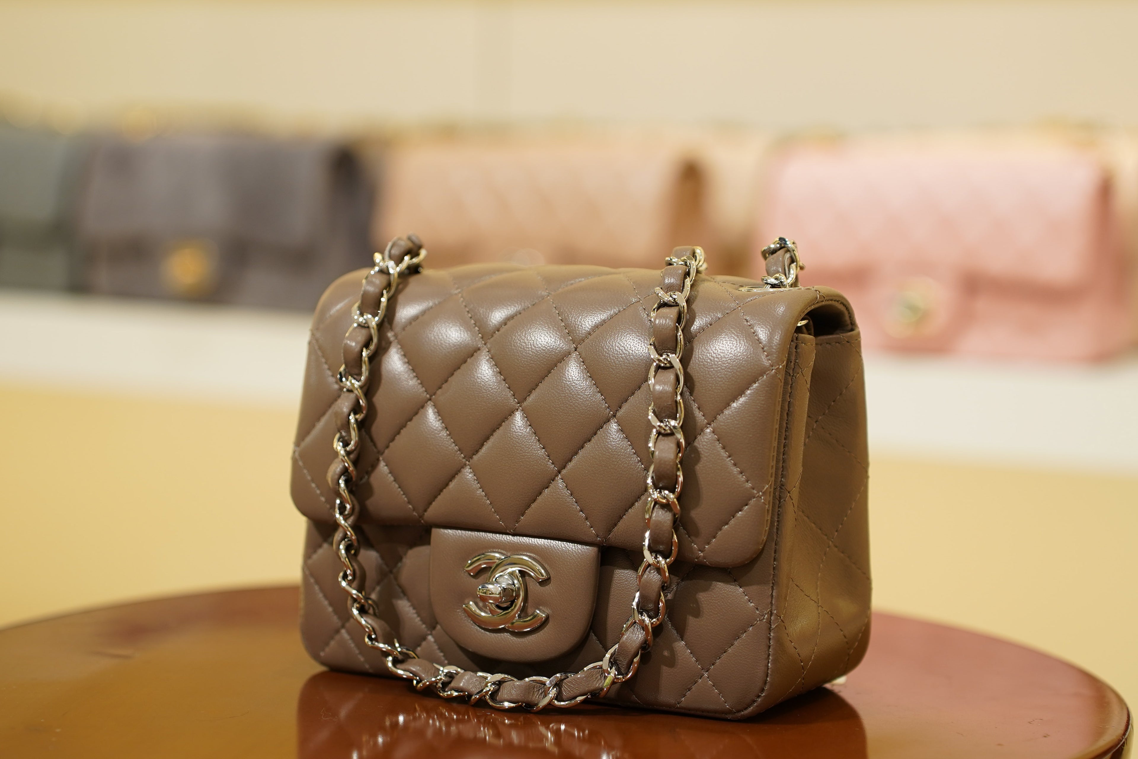 Chanel | Square Mini Flap Bag – Lambskin – Taupe – Silver Hardware
