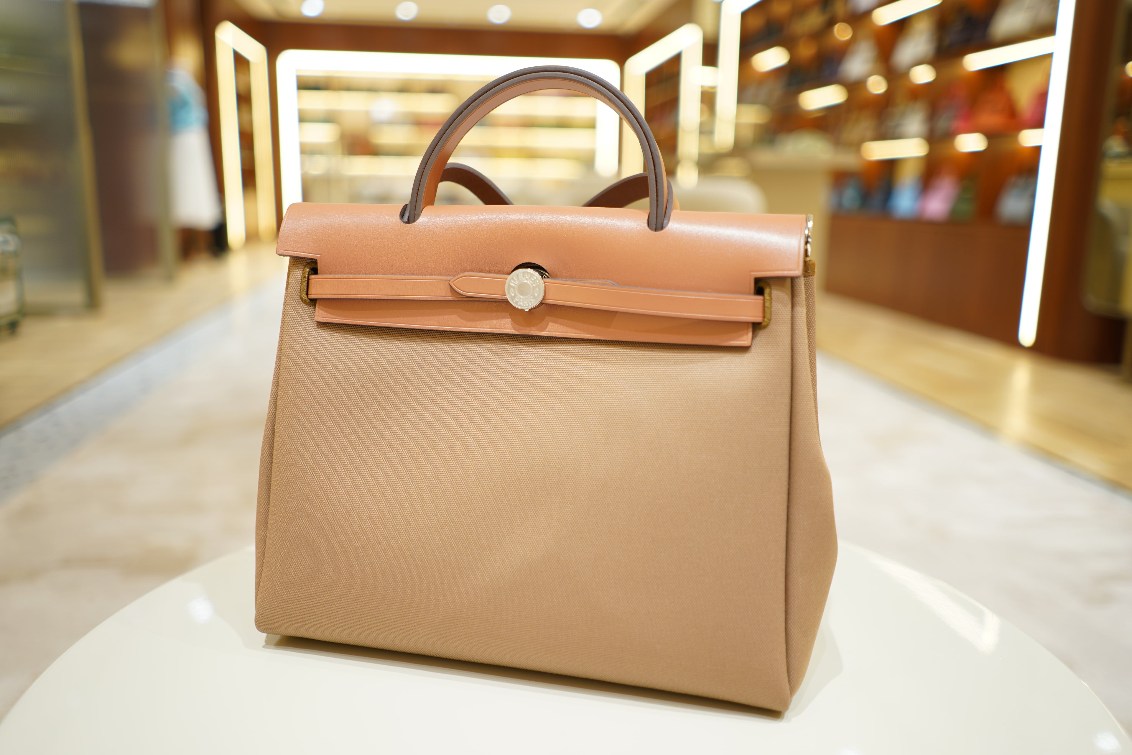 Hermes | Herbag Medium – Canvas – Beige and Pink – Gold Hardware