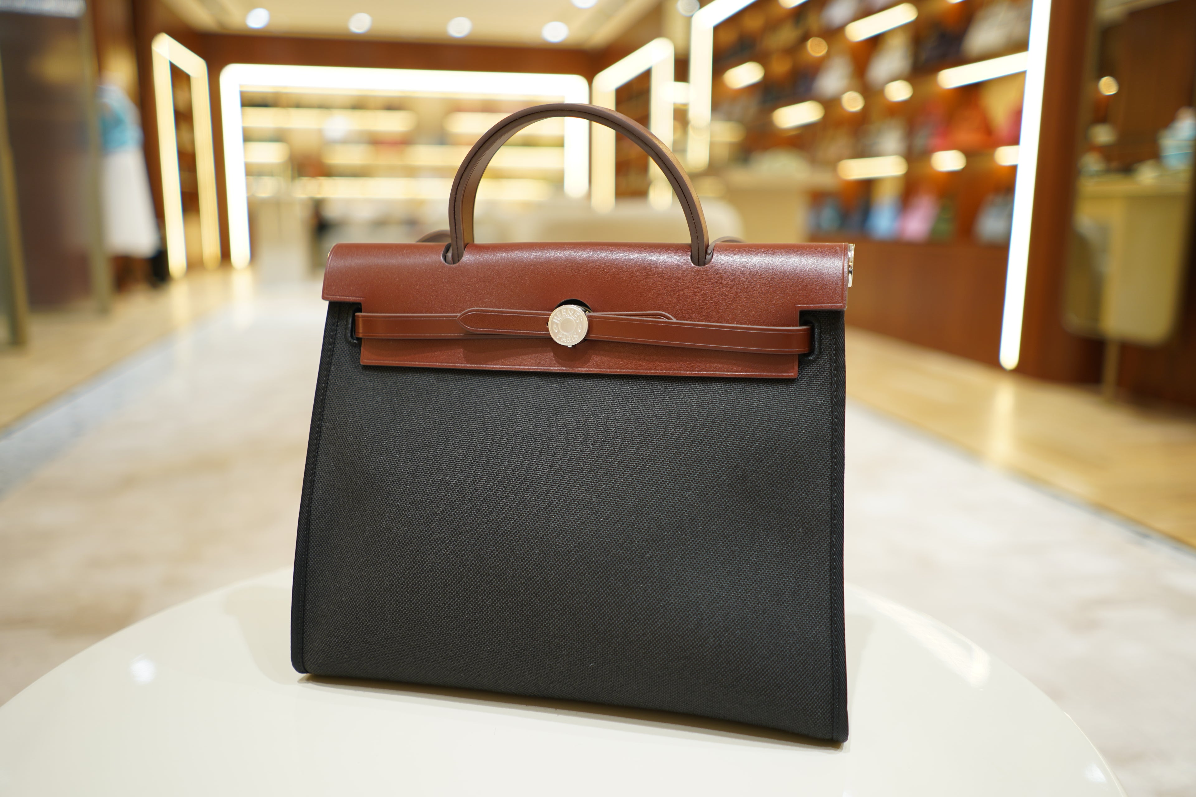 Hermes | Herbag Medium – Canvas – Black and Brown – Silver Hardware