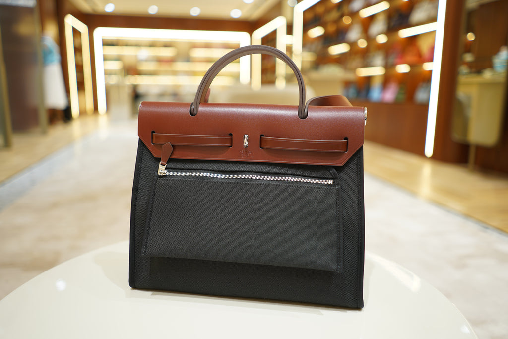 Hermes | Herbag Medium – Canvas – Black and Brown – Silver Hardware